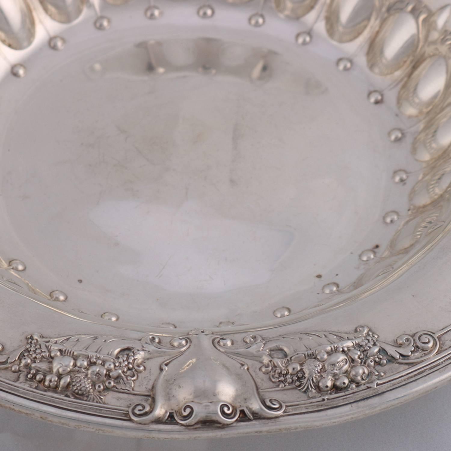 Neoclassical Shield and Floral Repousse Sterling Silver Round Bowl, circa 1900 2