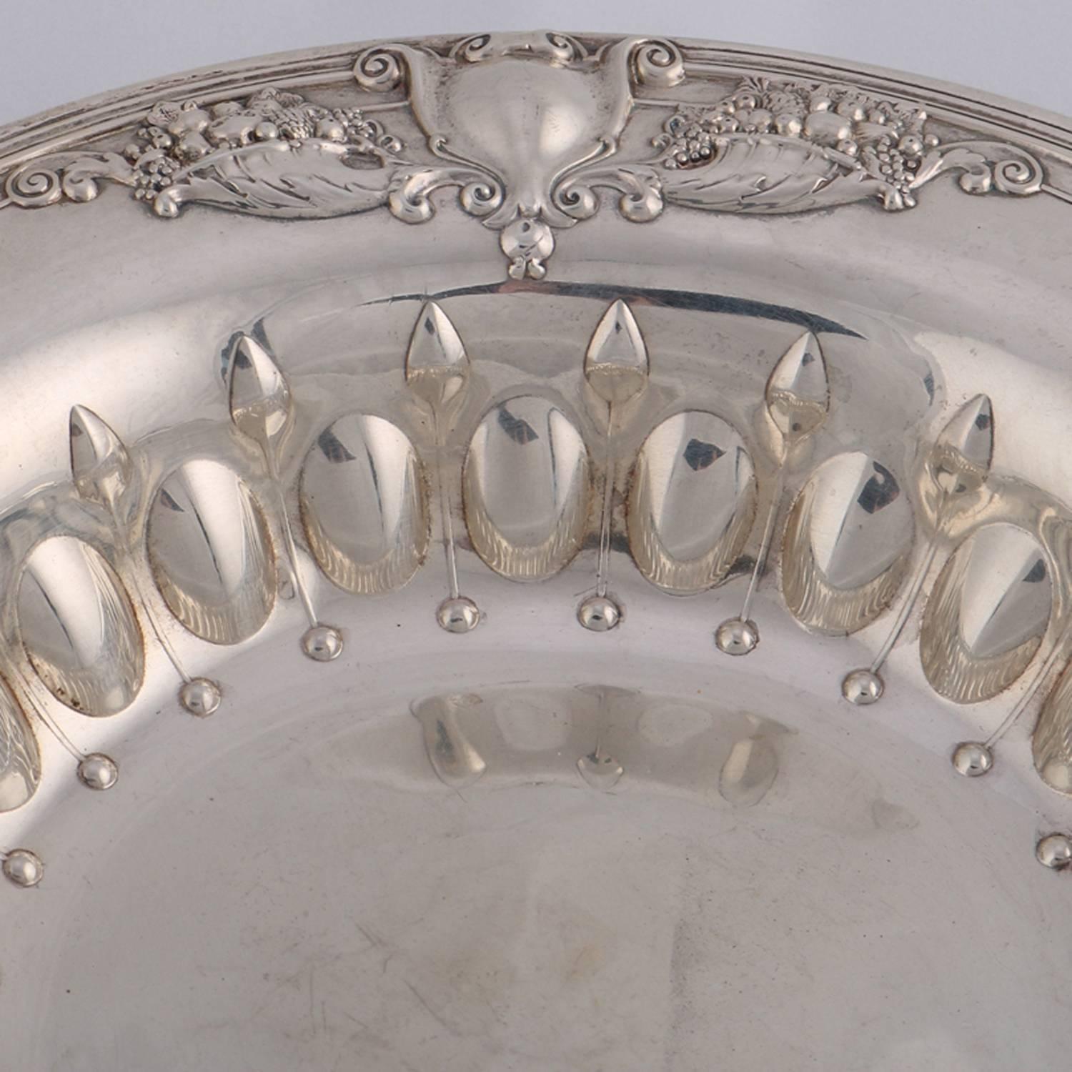 Neoclassical Shield and Floral Repousse Sterling Silver Round Bowl, circa 1900 3