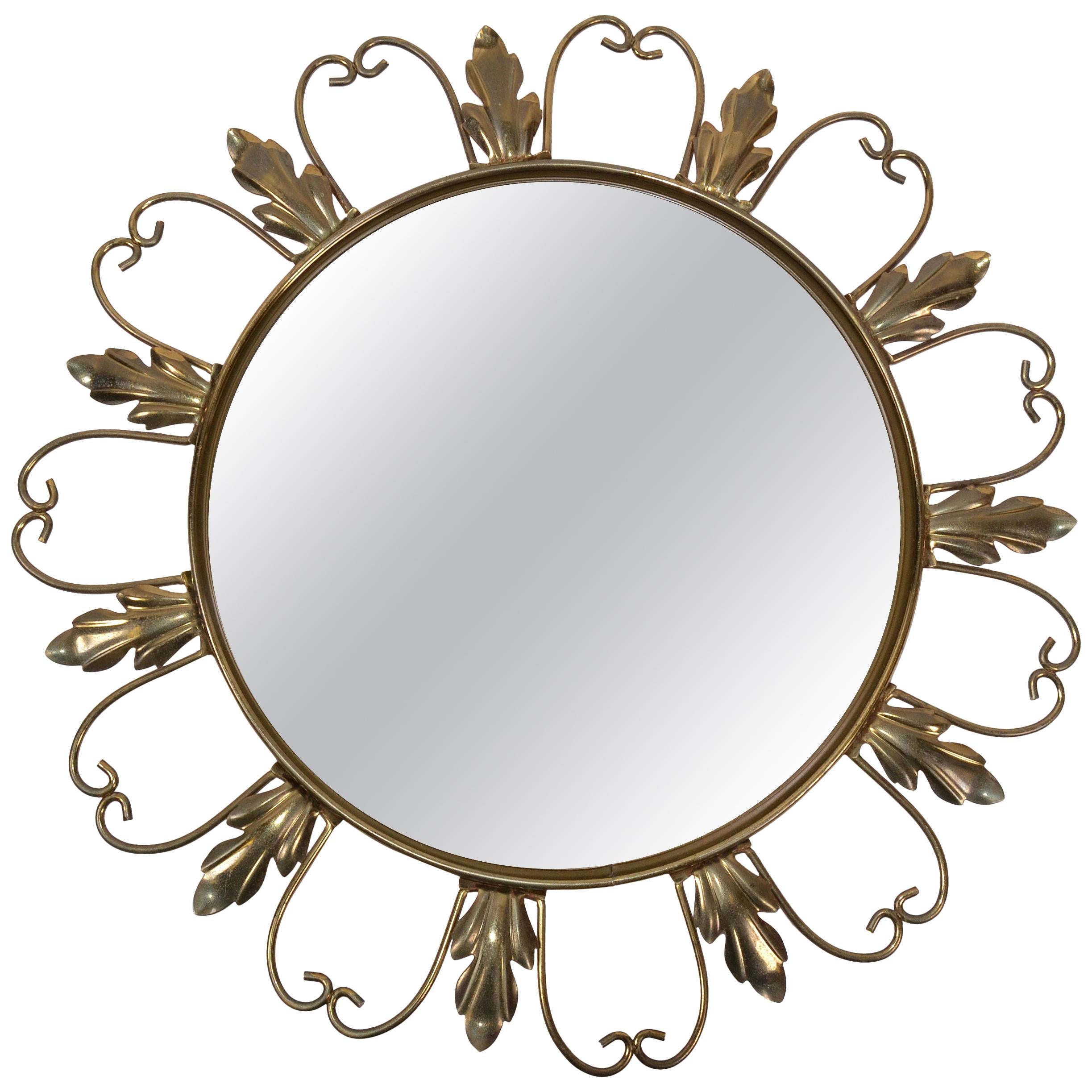 Neoclassical Signed 1950s Brass Sunburst Mirrors, Convex Mirror Made in Belgium For Sale