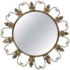 Neoclassical Signed 1950s Brass Sunburst Mirrors, Convex Mirror Made in Belgium
