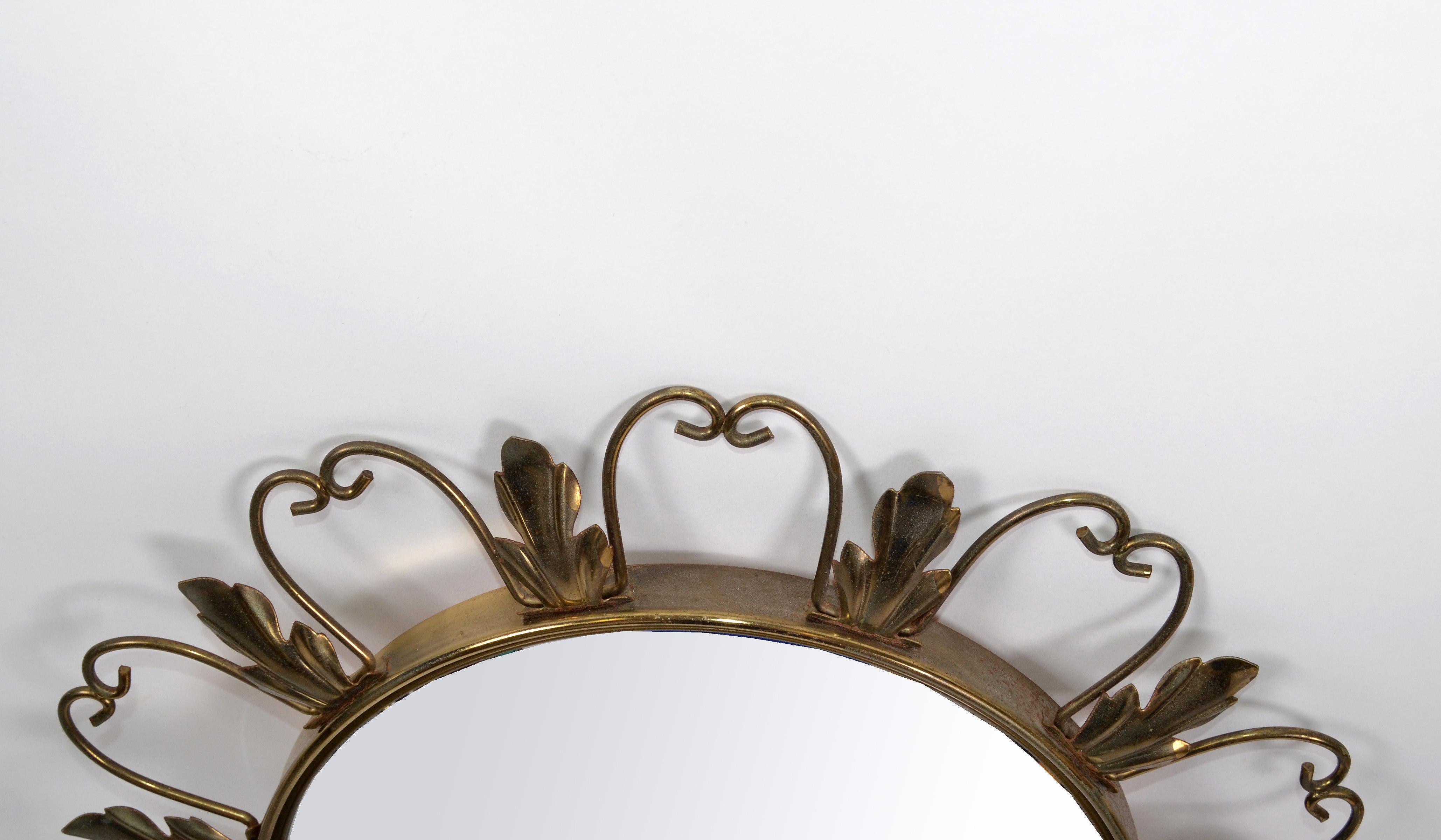 Hand-Crafted Neoclassical Signed 1950s Brass Sunburst Mirrors, Convex Mirror Made in Belgium For Sale