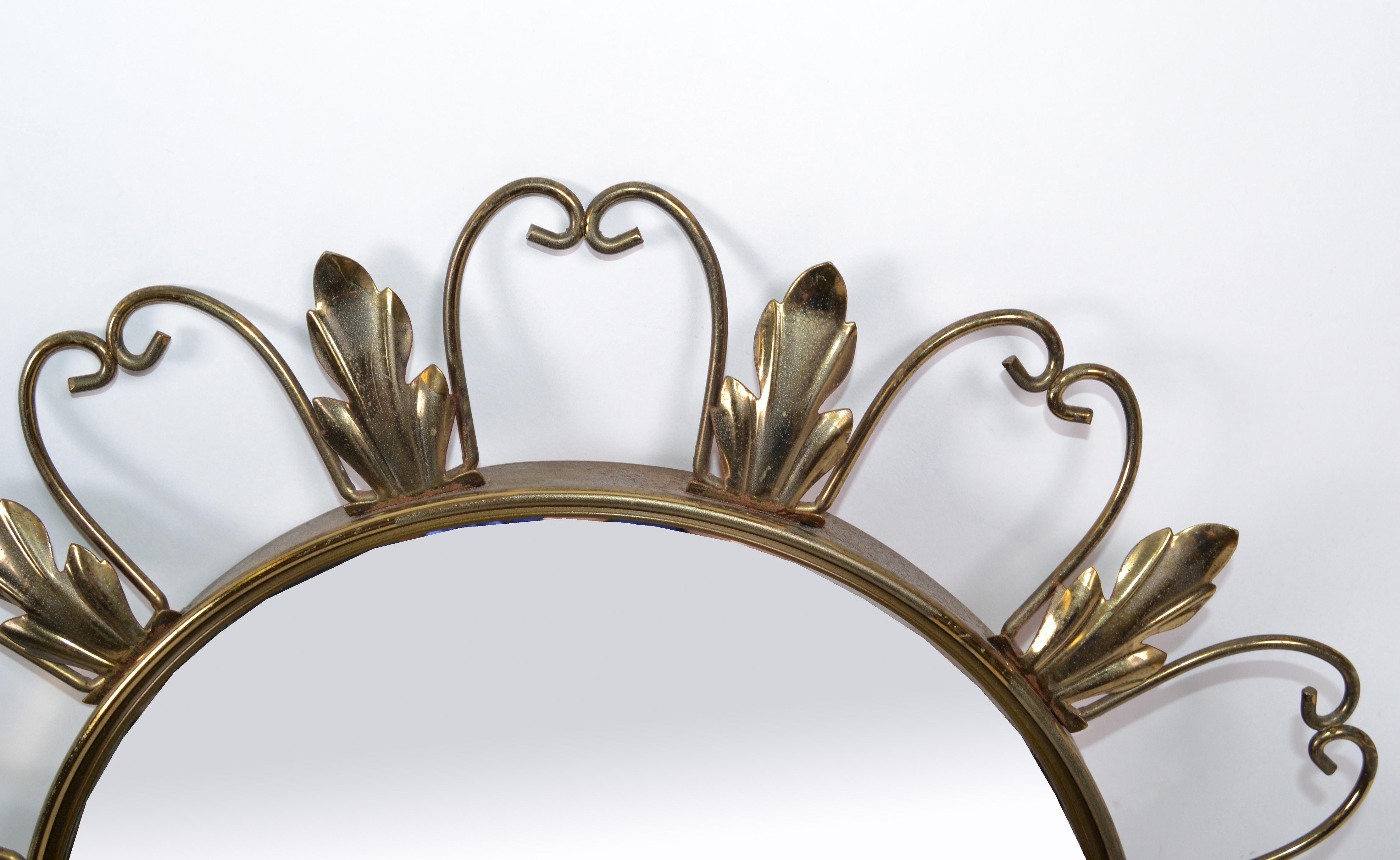 Neoclassical Signed 1950s Brass Sunburst Mirrors, Convex Mirror Made in Belgium In Good Condition For Sale In Miami, FL