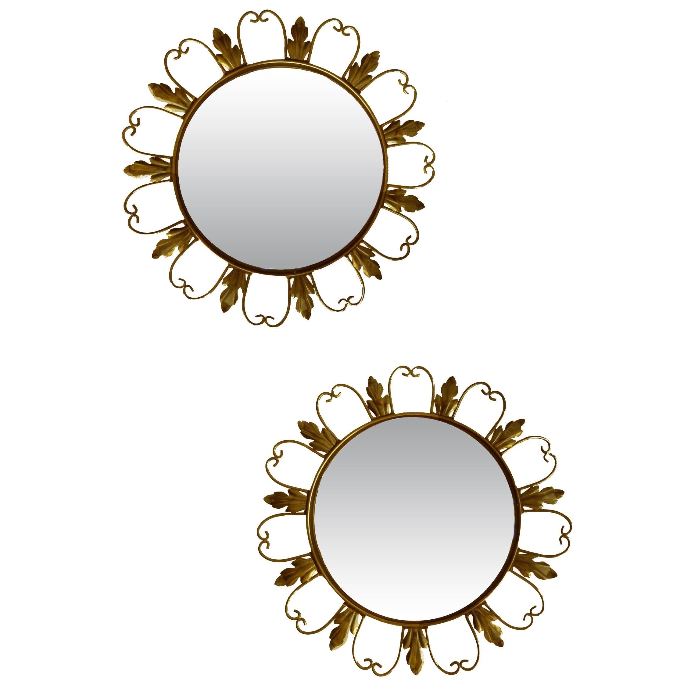 Neoclassical Signed 1950s Brass Sunburst Mirrors, Convex Mirror Made in Belgium For Sale 2