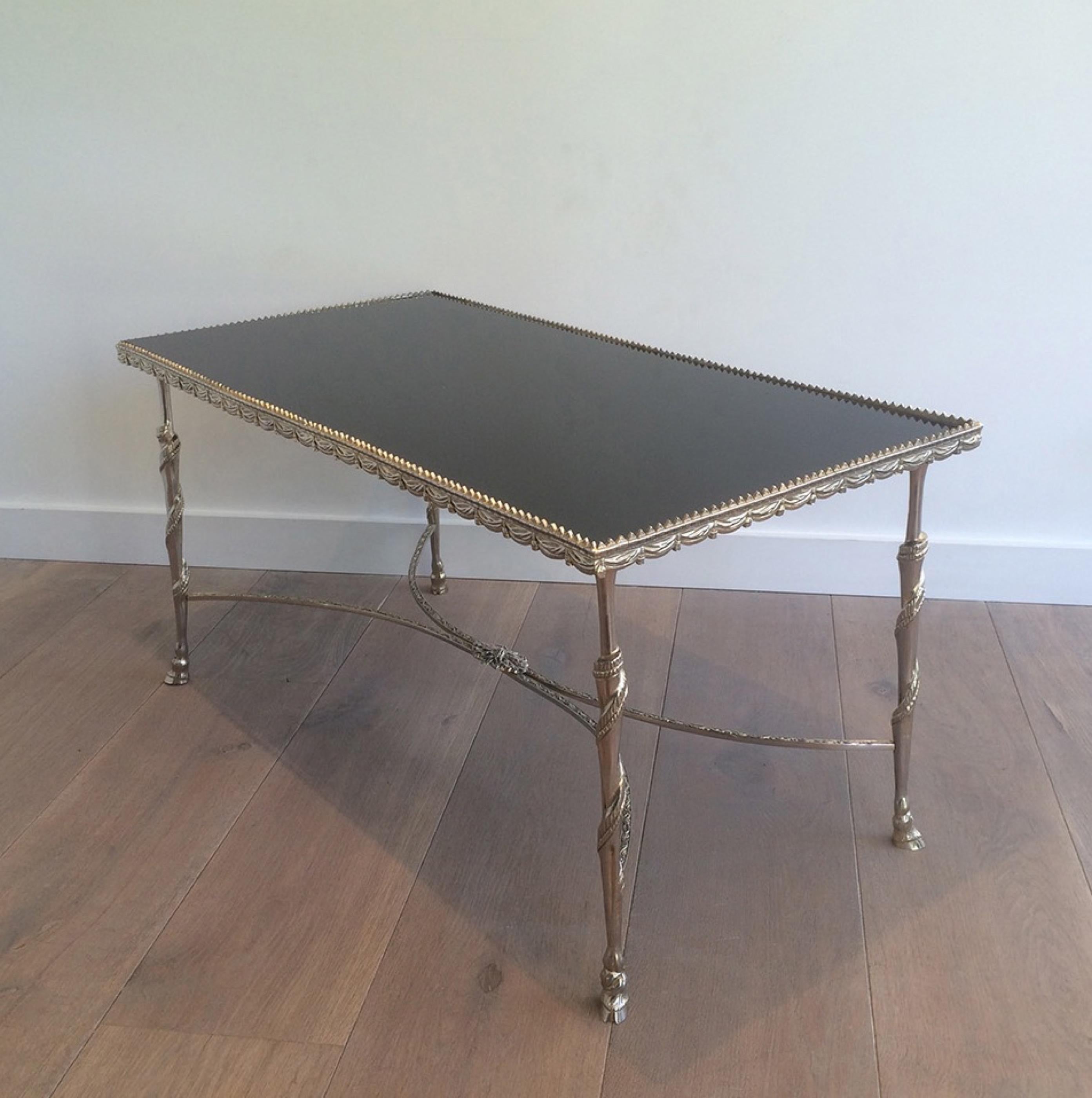 Neoclassical Silver Coffee Table with Animal Feet and Black Lacquered Glass Top For Sale 9