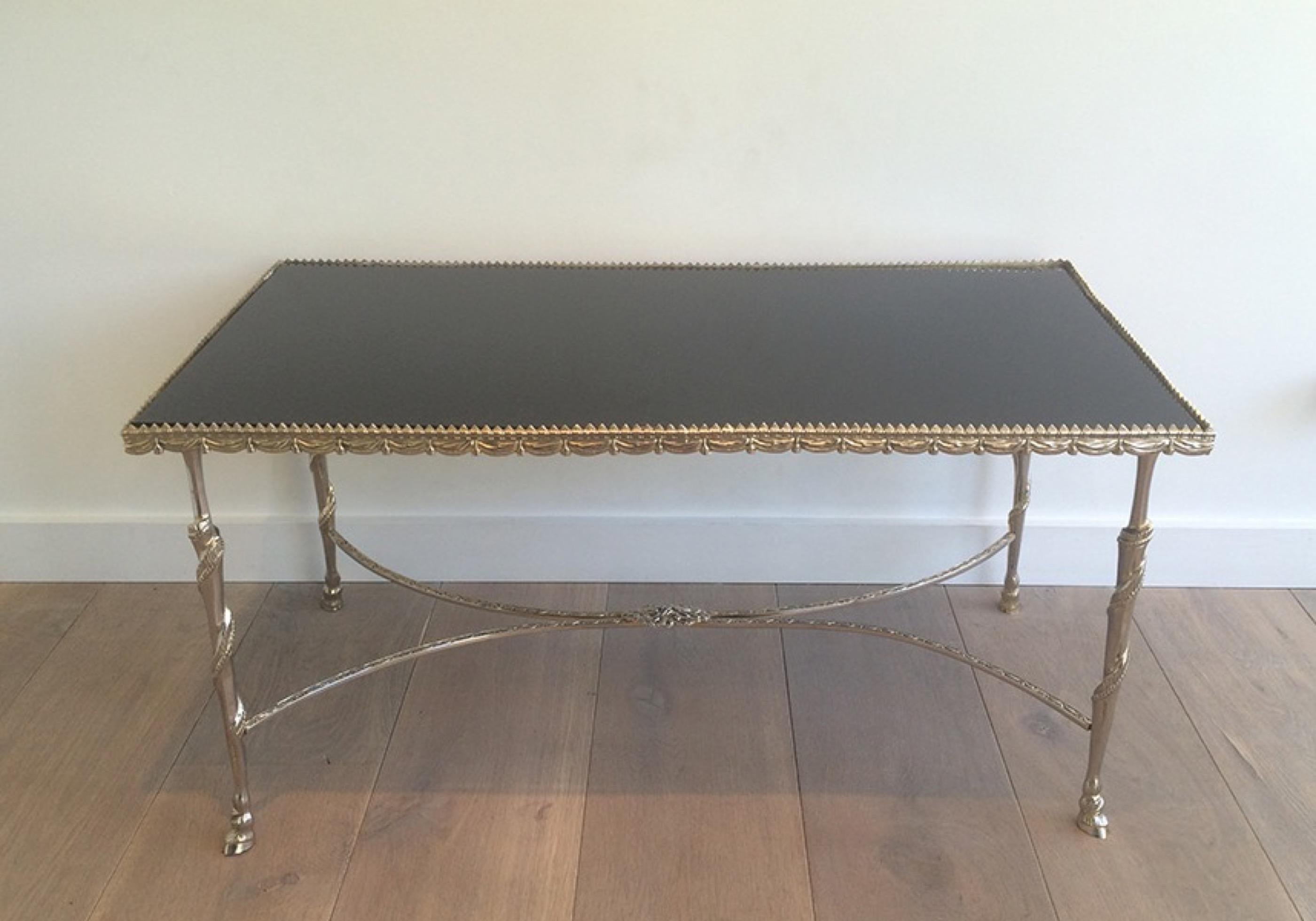 Neoclassical Silver Coffee Table with Animal Feet and Black Lacquered Glass Top For Sale 11