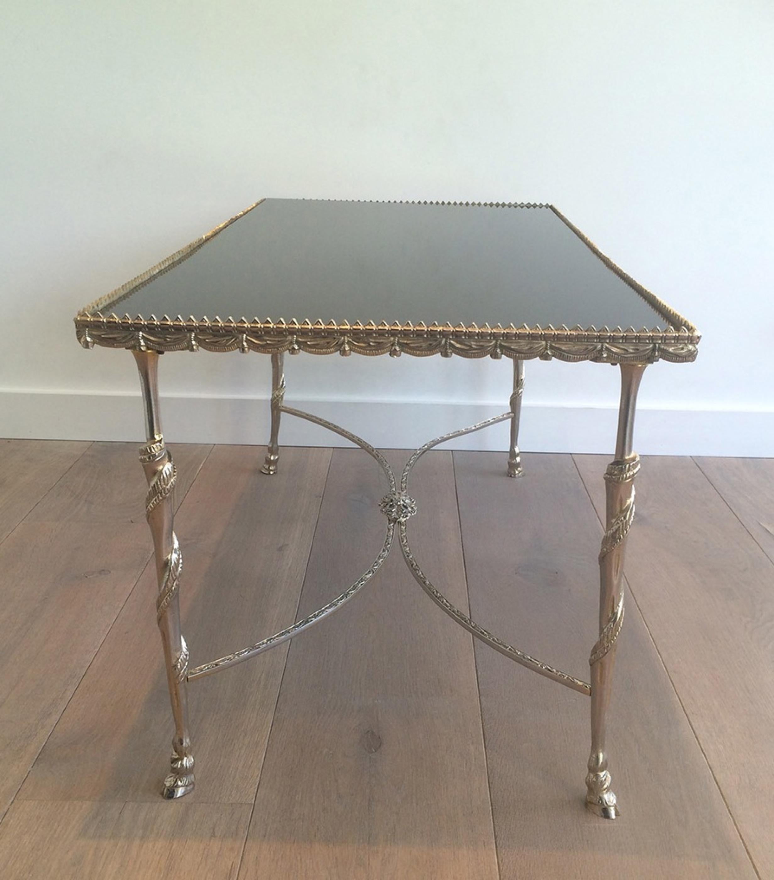 French Neoclassical Silver Coffee Table with Animal Feet and Black Lacquered Glass Top For Sale