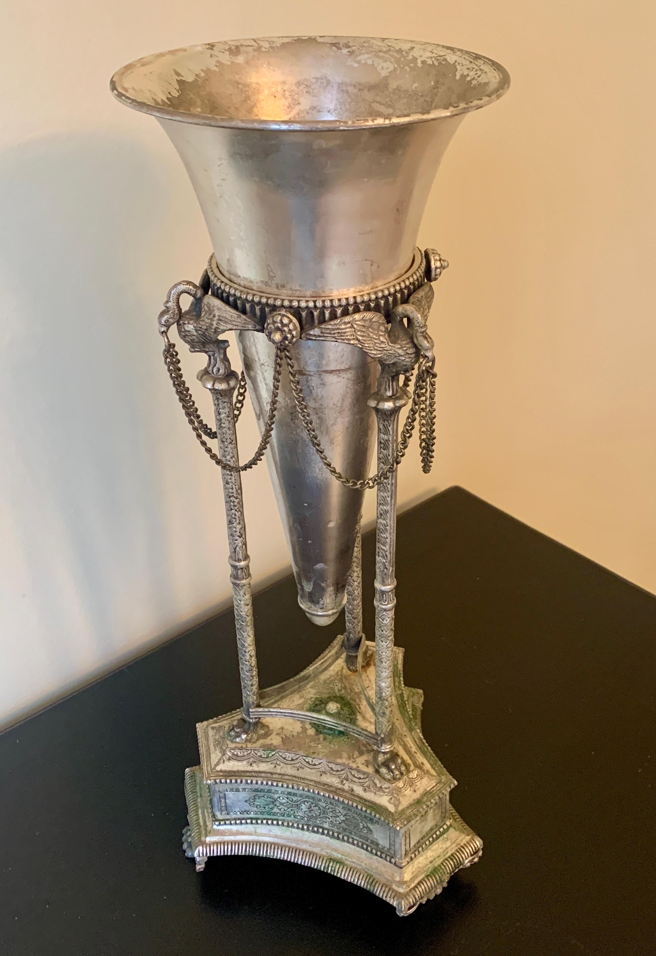 Silver Plate Neoclassical Silver Vase with Swans and Paw Feet  For Sale