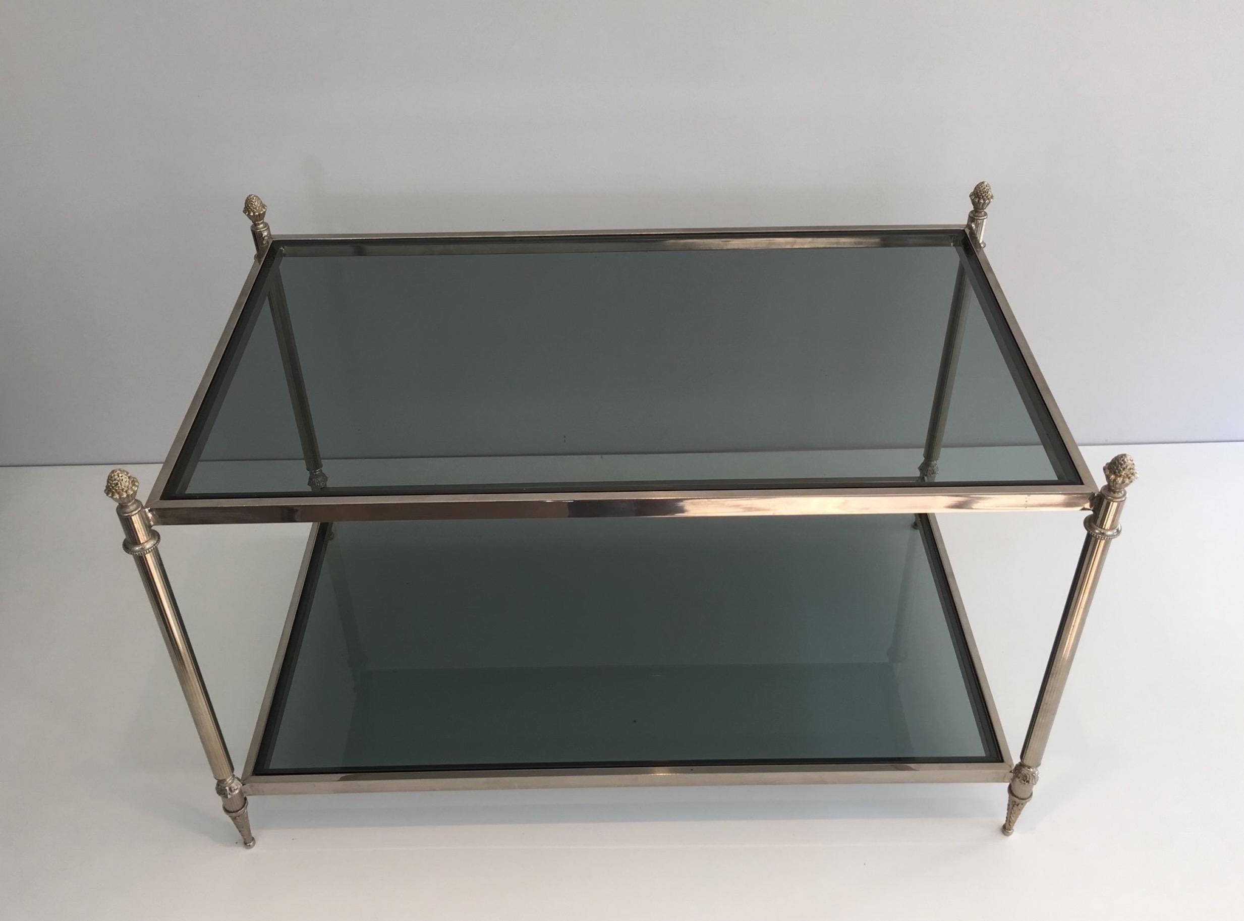 Neoclassical Silvered Coffee Table with Blueish Glass Tops, circa 1940 For Sale 8