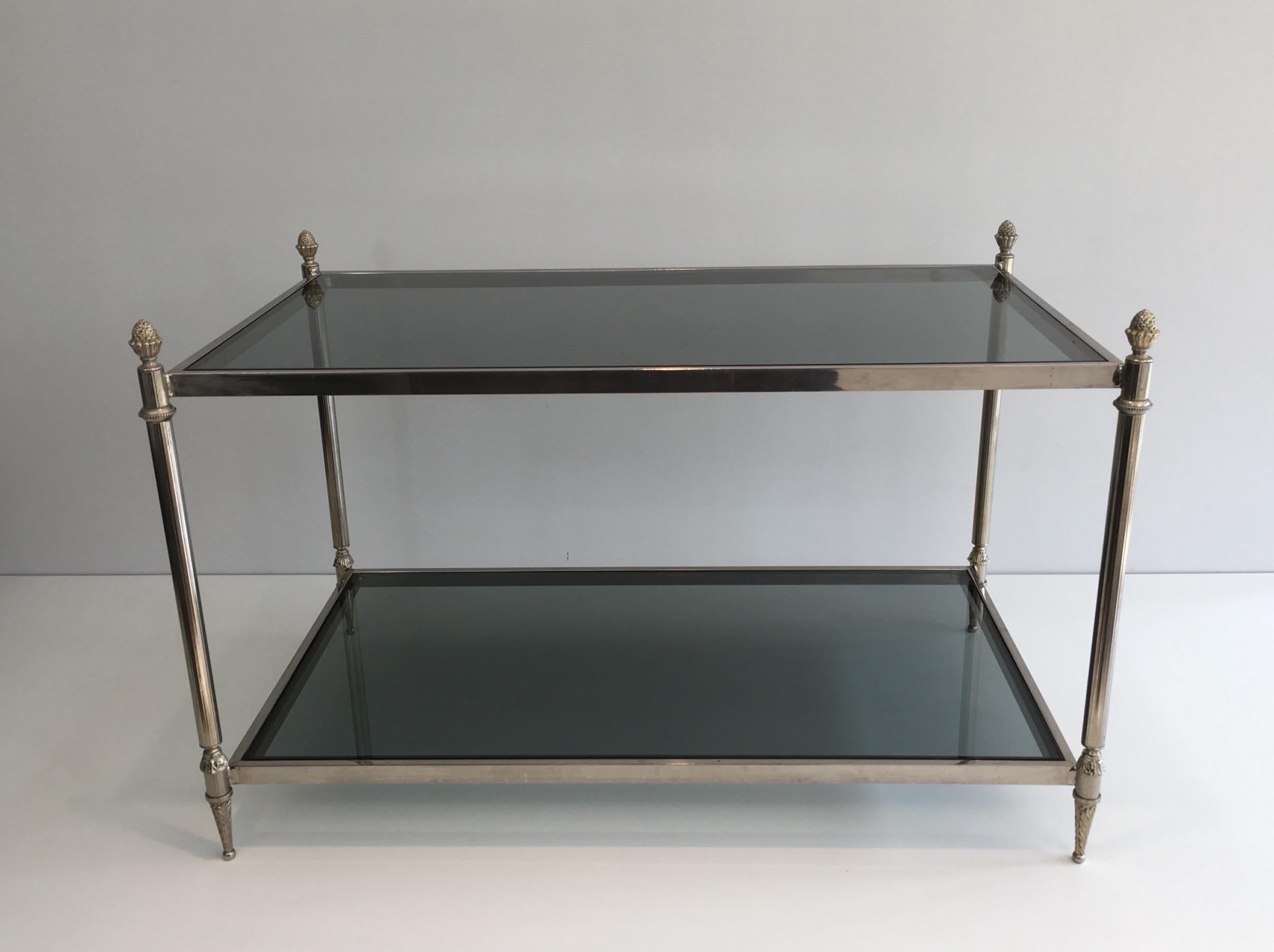 French Neoclassical Silvered Coffee Table with Blueish Glass Tops, circa 1940 For Sale