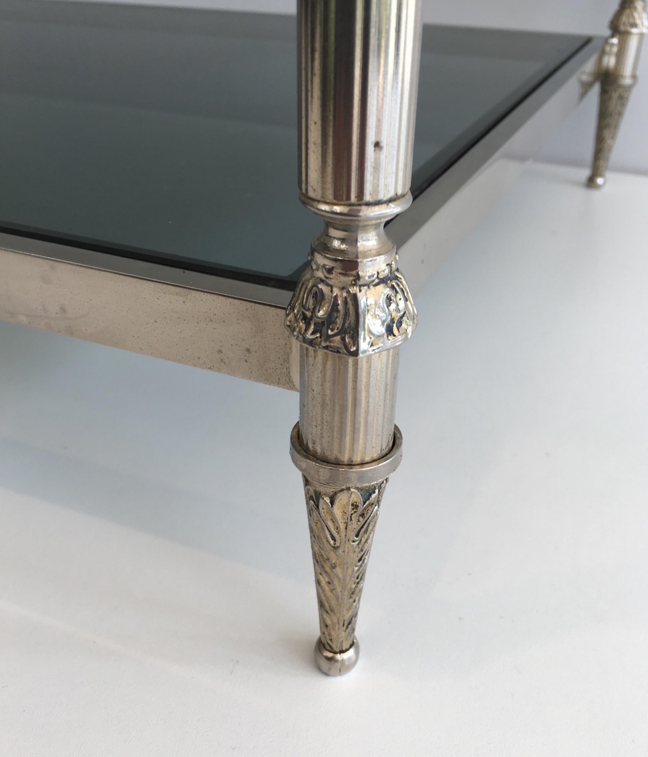 Neoclassical Silvered Coffee Table with Blueish Glass Tops, circa 1940 For Sale 3