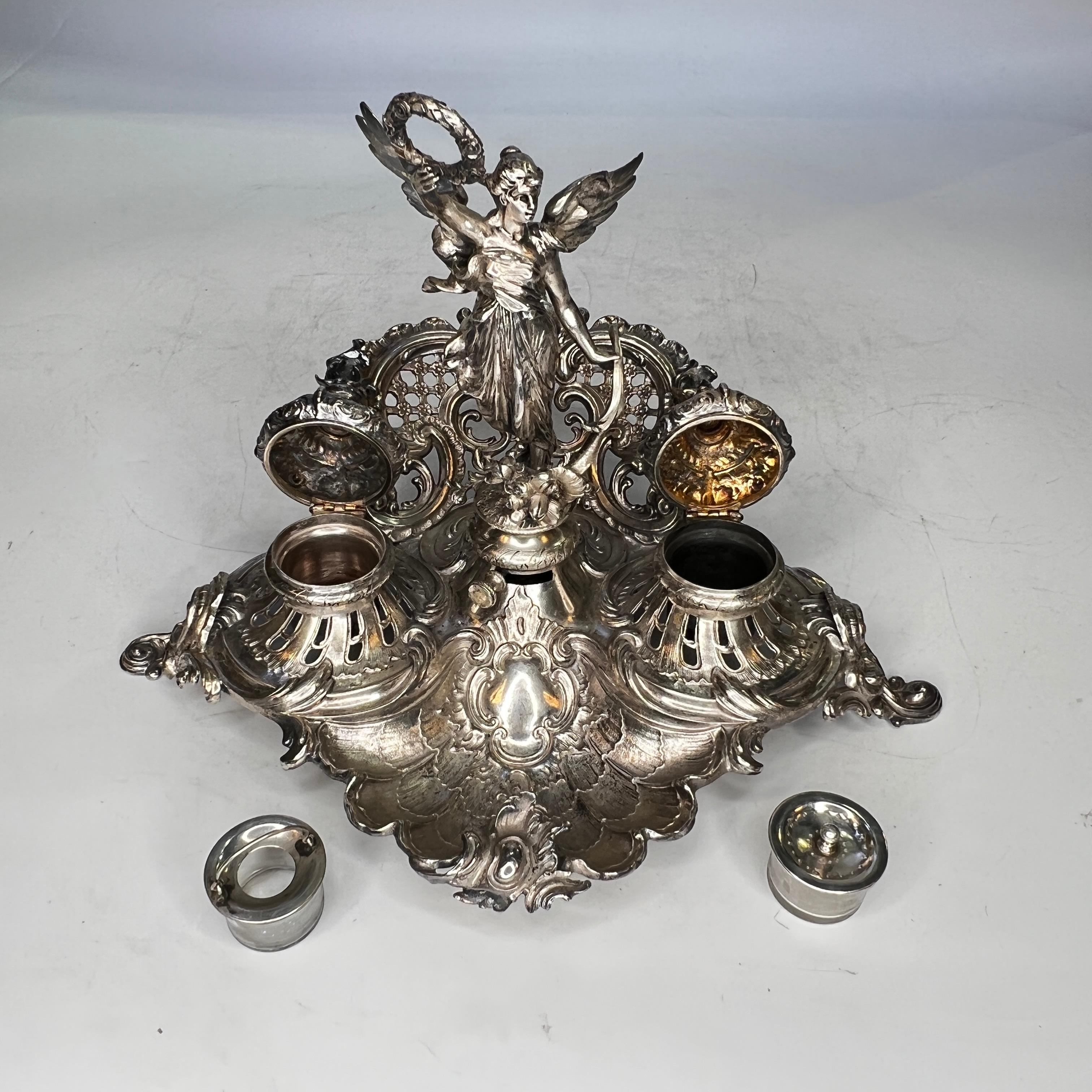 Neoclassical Silverplate Writing Set Including Inkwell and Accessories In Good Condition In New York, US