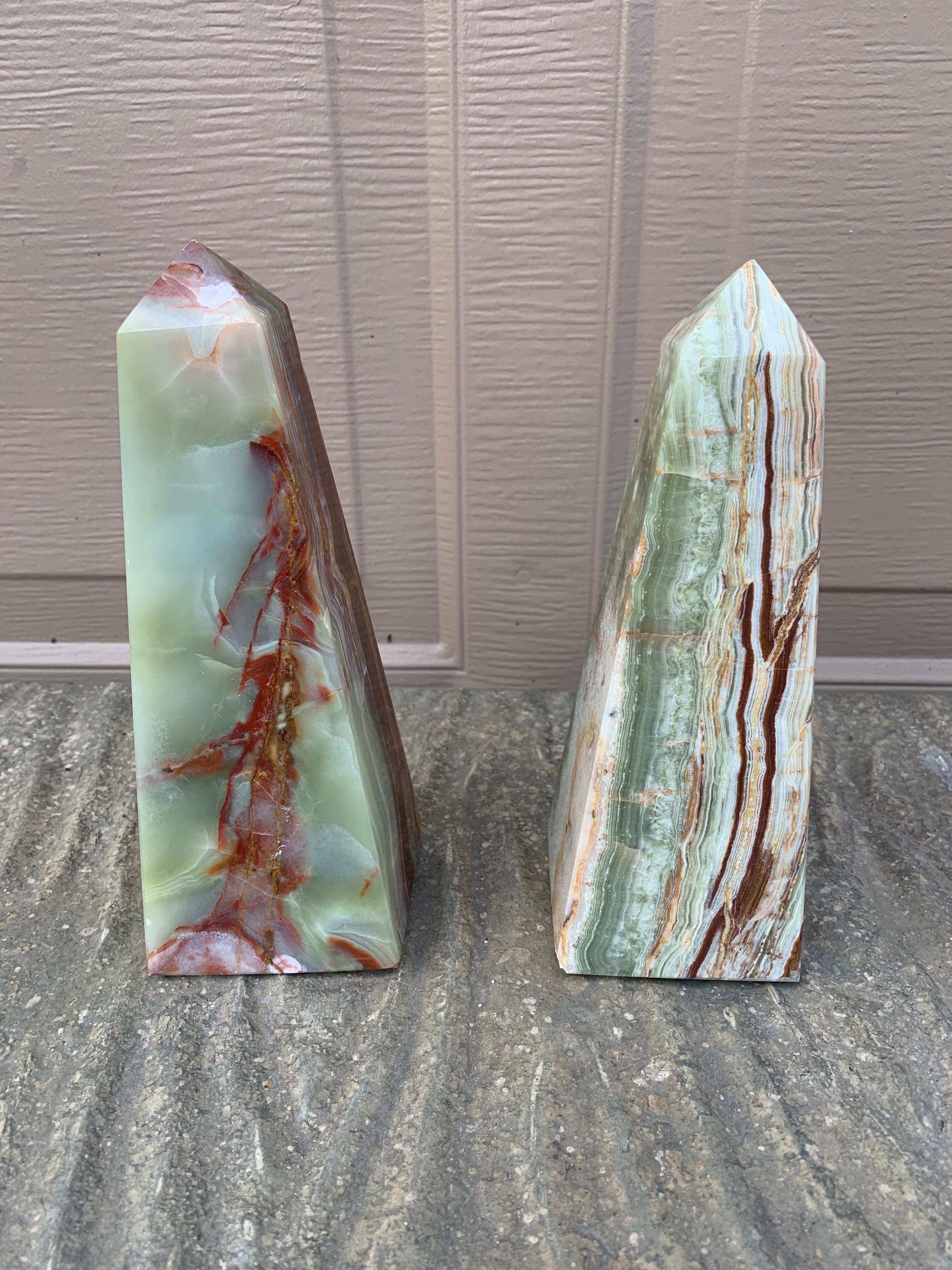 Neoclassical Solid Marble Onyx Green and Brown Obelisks, Pair 6