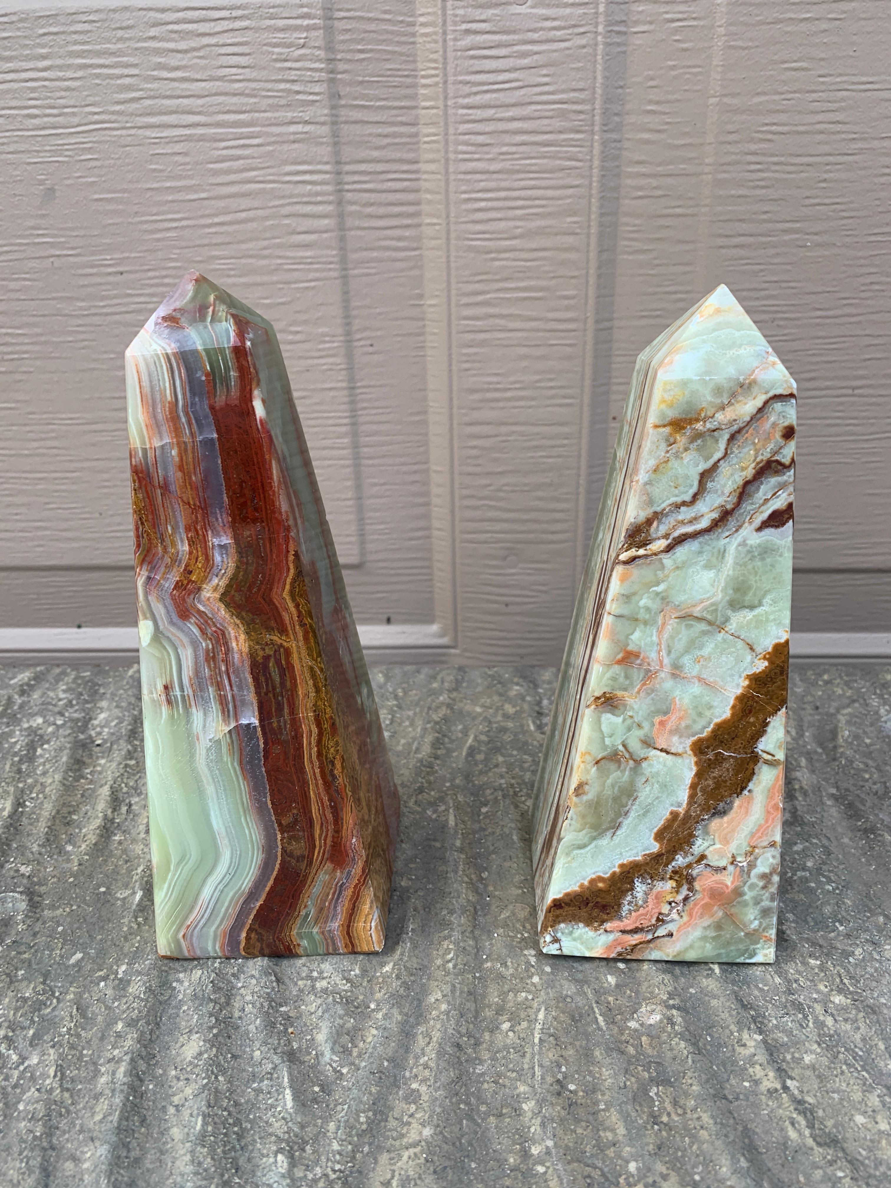 Neoclassical Solid Marble Onyx Green and Brown Obelisks, Pair 7