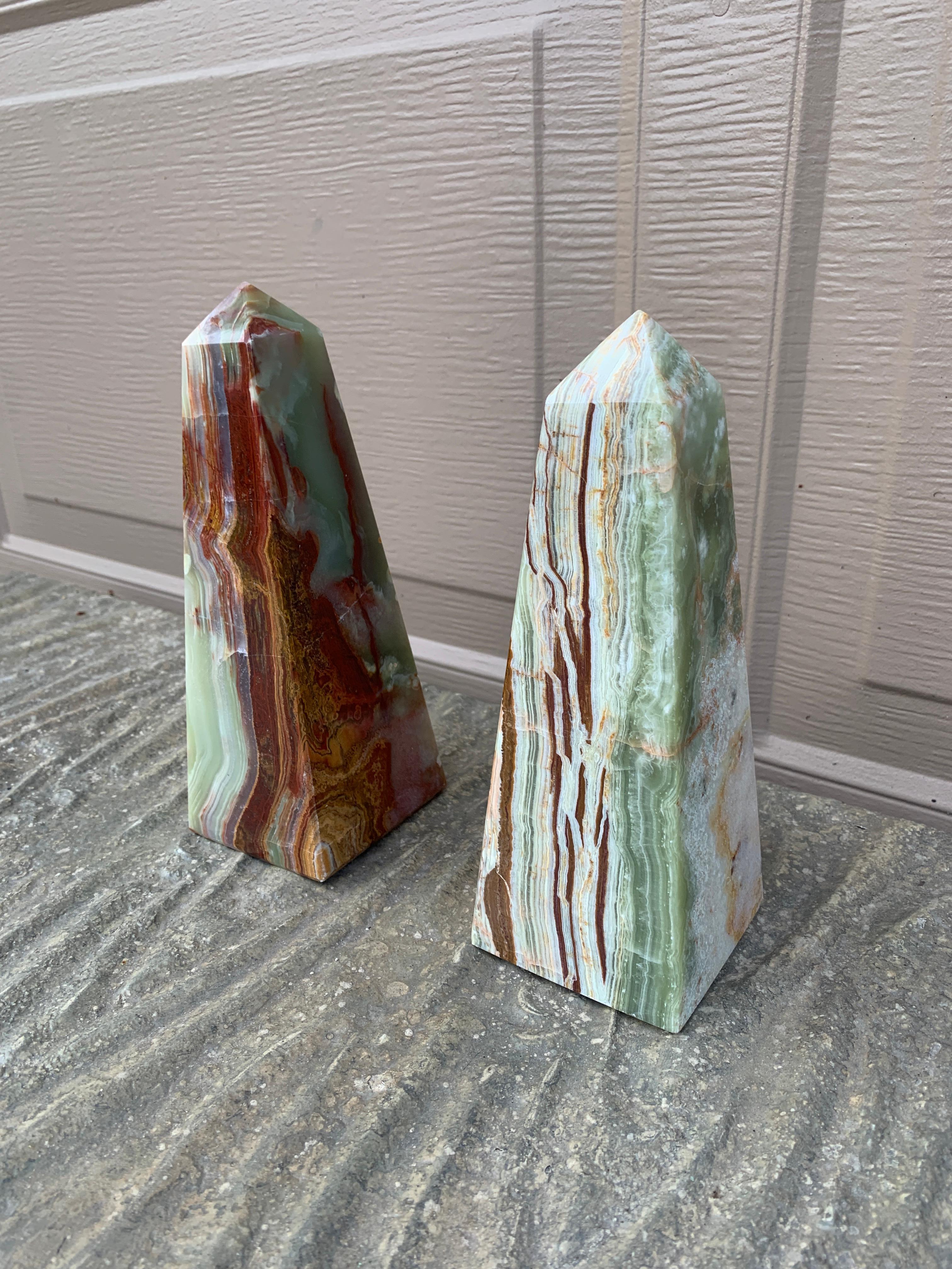 Grand Tour Neoclassical Solid Marble Onyx Green and Brown Obelisks, Pair