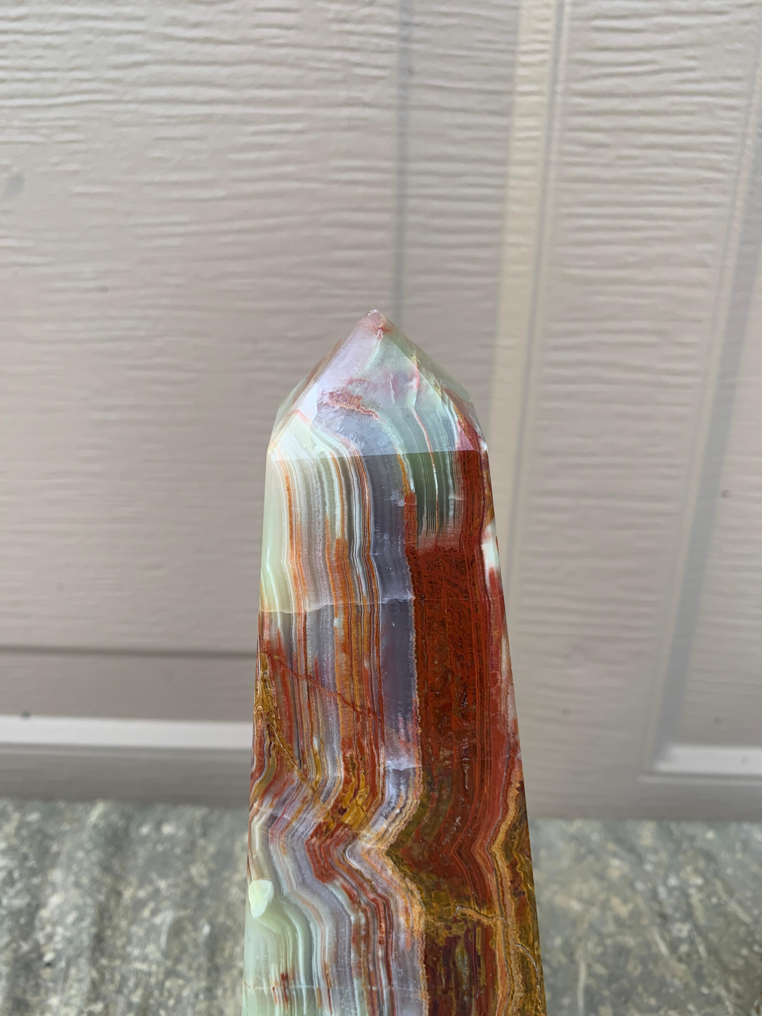 Neoclassical Solid Marble Onyx Green and Brown Obelisks, Pair In Good Condition In Elkhart, IN