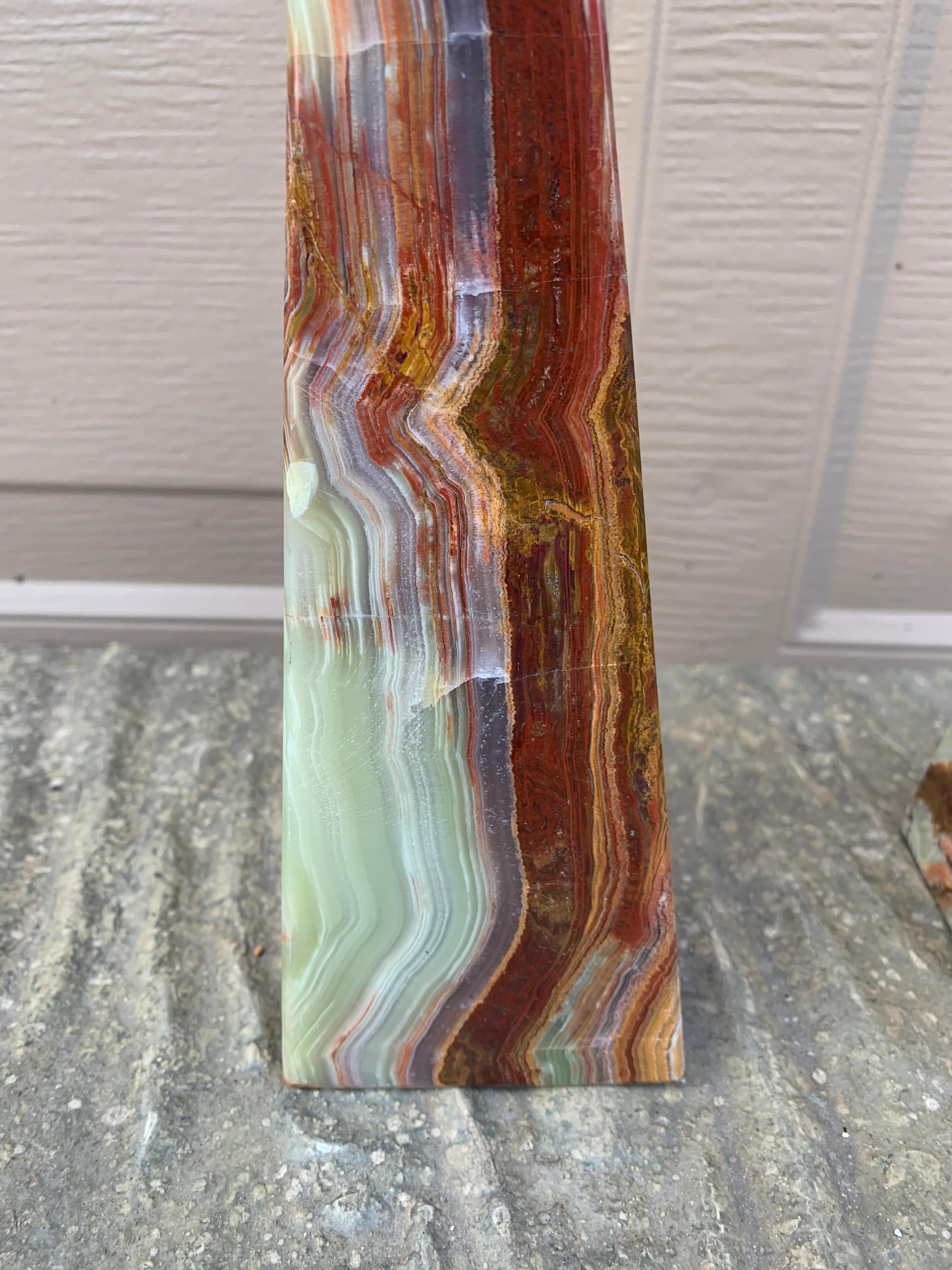 20th Century Neoclassical Solid Marble Onyx Green and Brown Obelisks, Pair