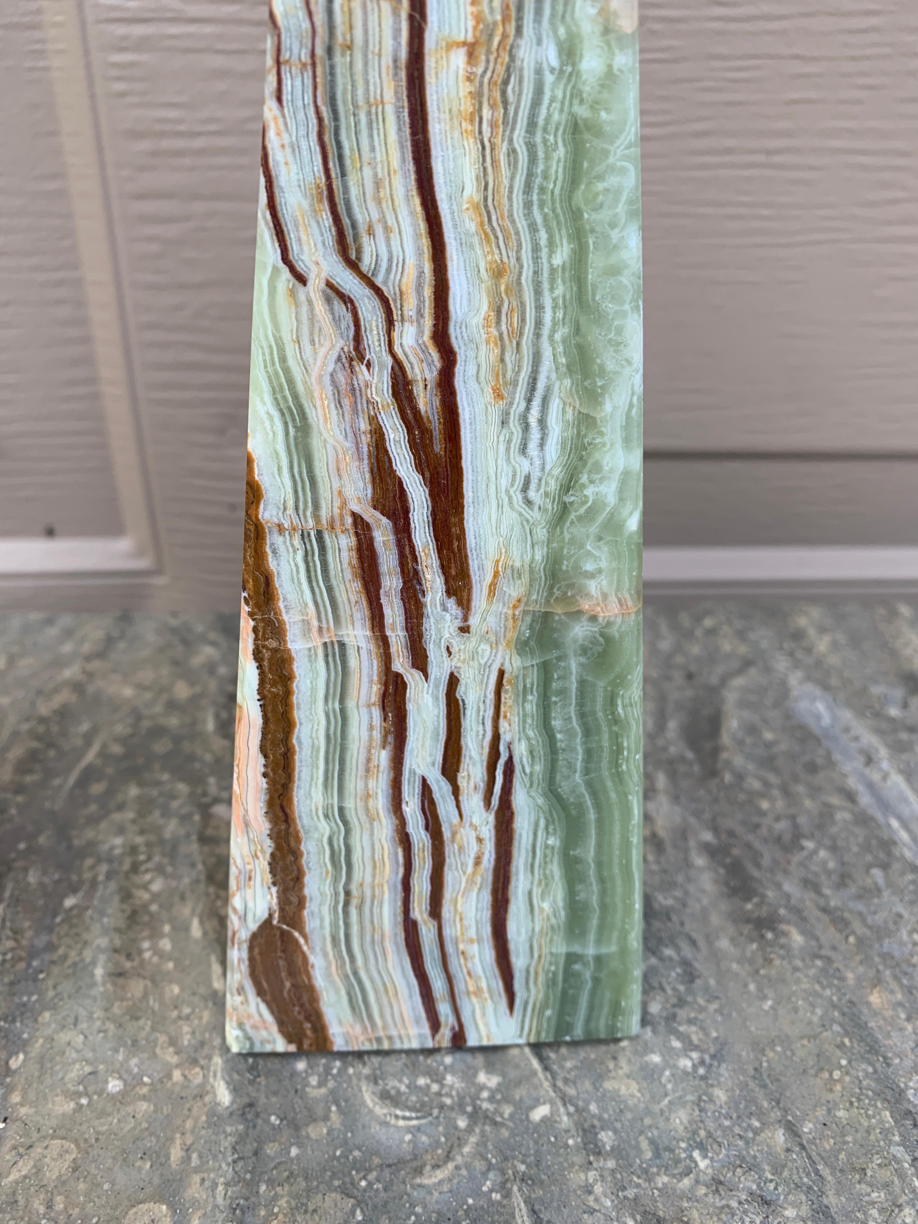 Neoclassical Solid Marble Onyx Green and Brown Obelisks, Pair 2