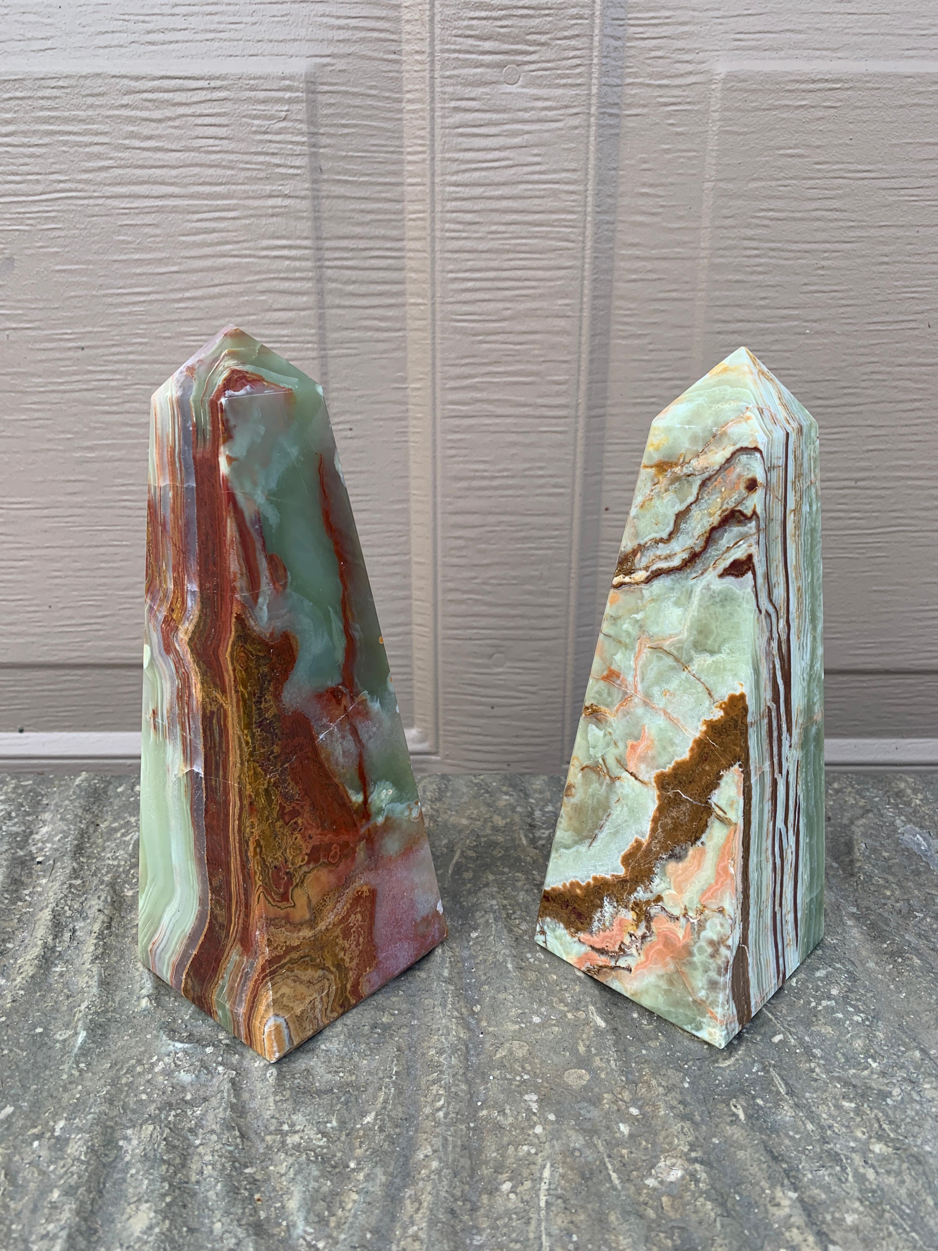 Neoclassical Solid Marble Onyx Green and Brown Obelisks, Pair 3