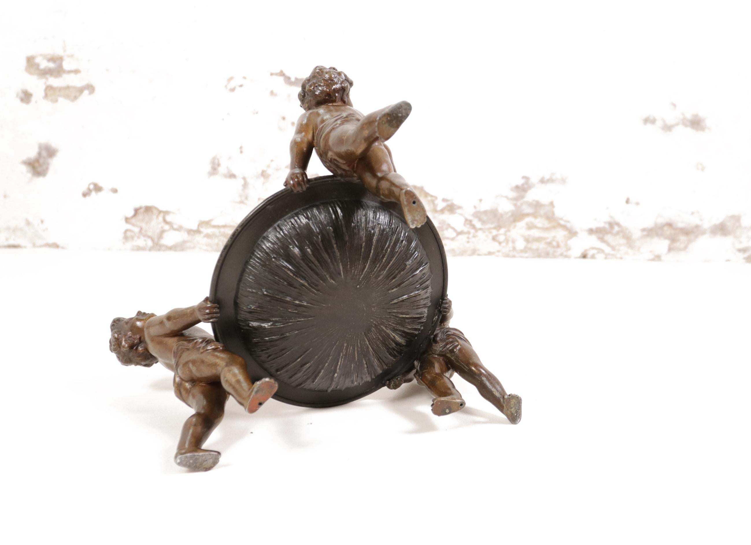 Neoclassical Spelter Bowl Carried by Three Little Angels 6