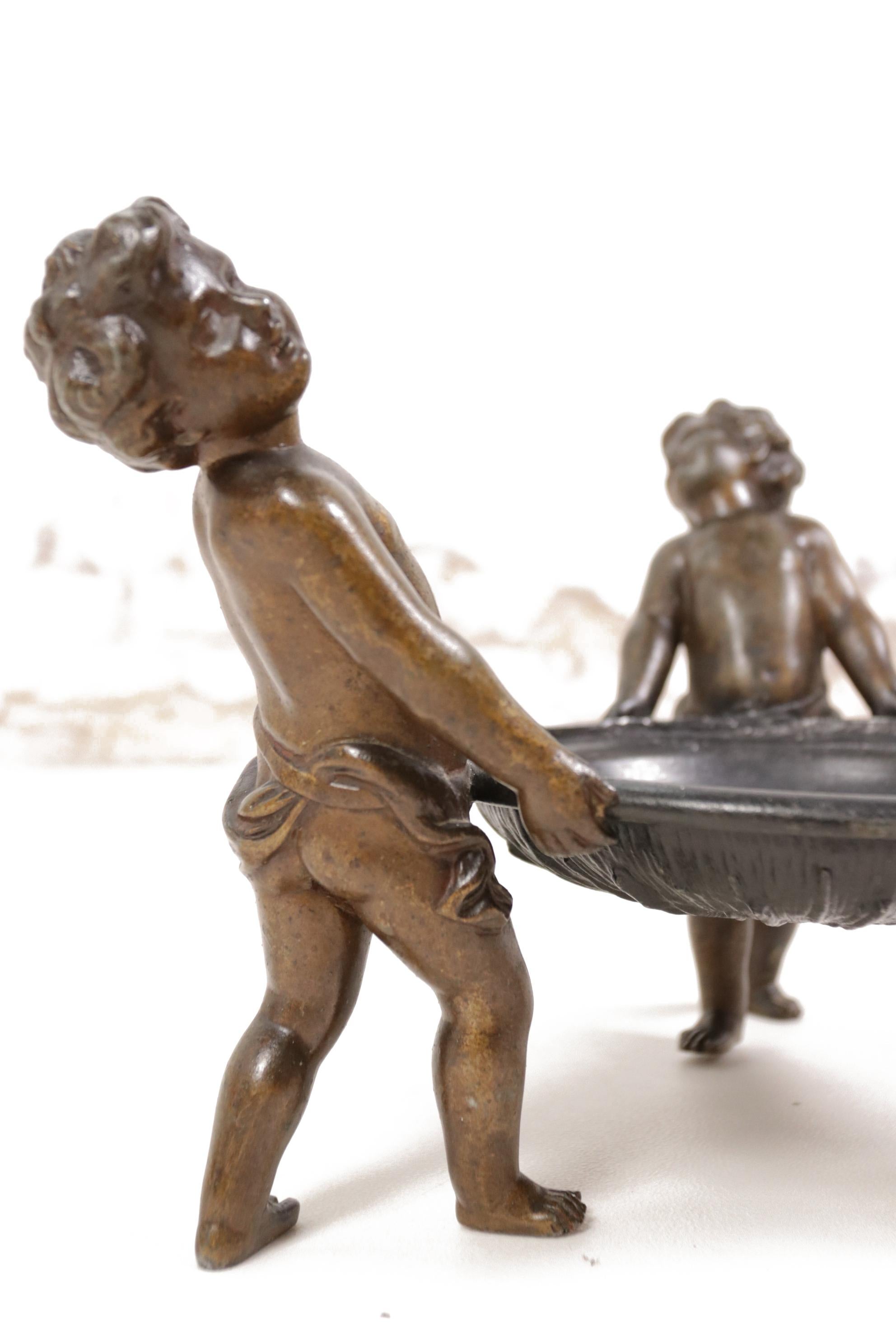 Neoclassical Spelter Bowl Carried by Three Little Angels 9