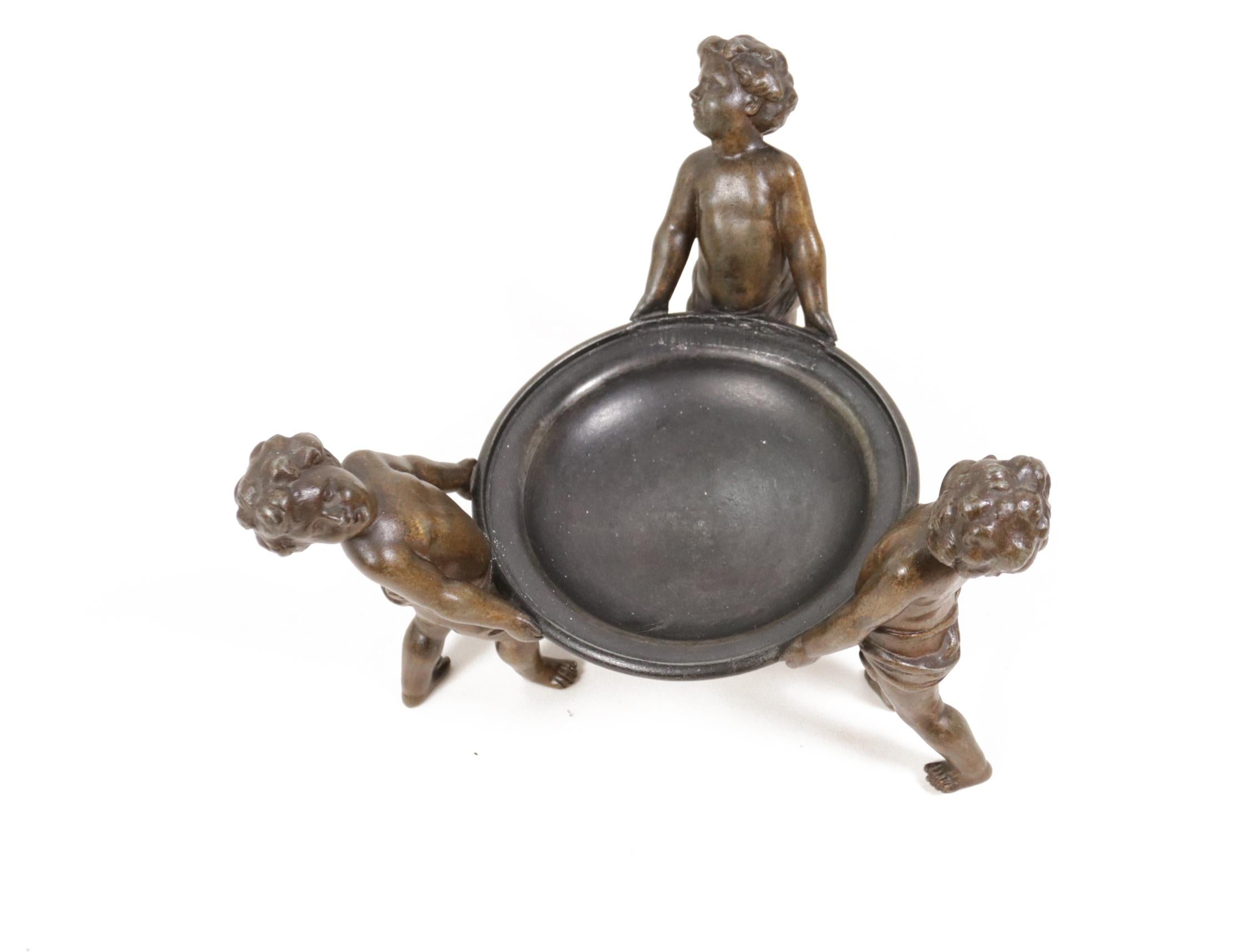 Neoclassical Spelter Bowl Carried by Three Little Angels 10