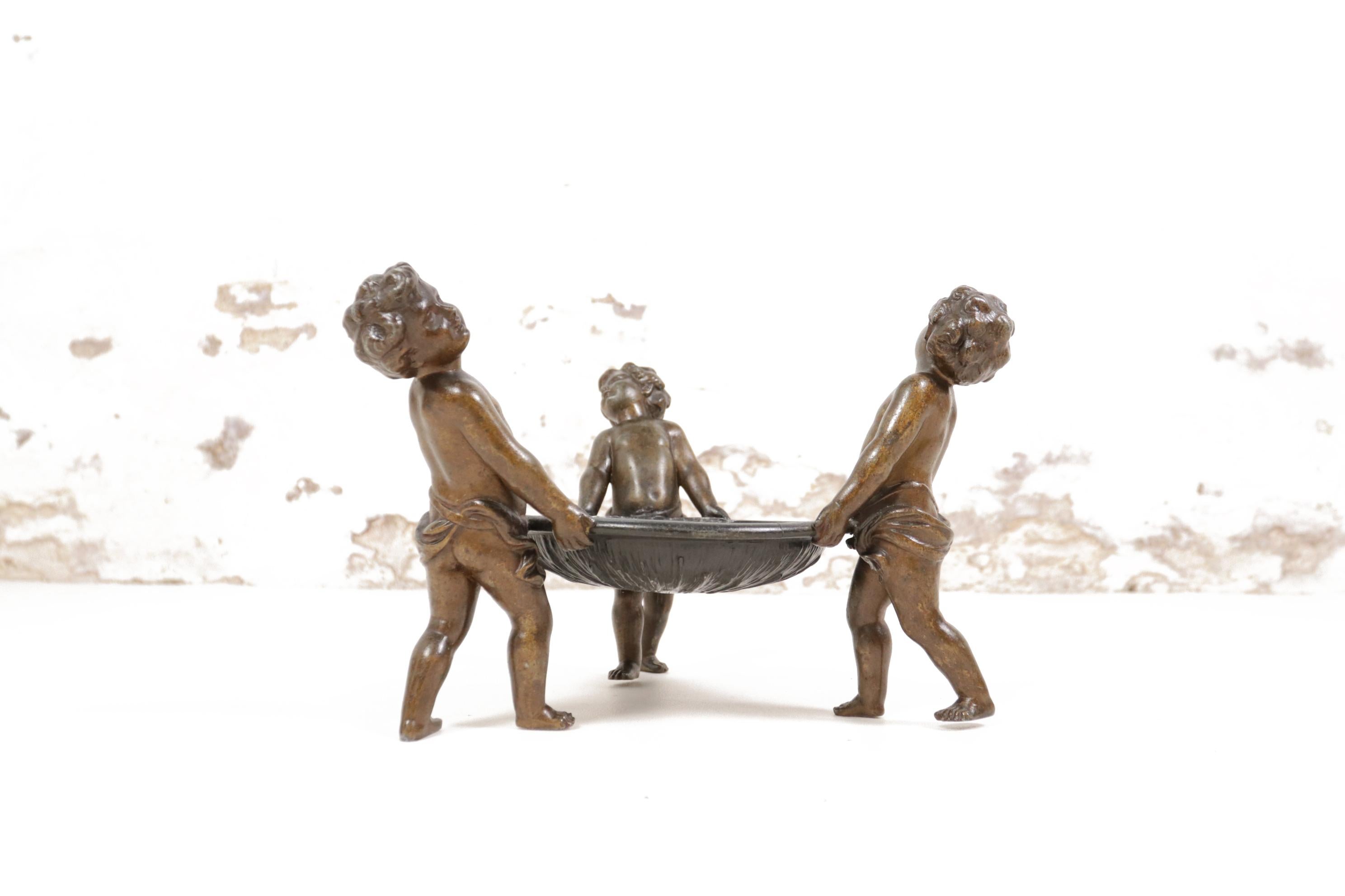 Neoclassical Spelter Bowl Carried by Three Little Angels 11