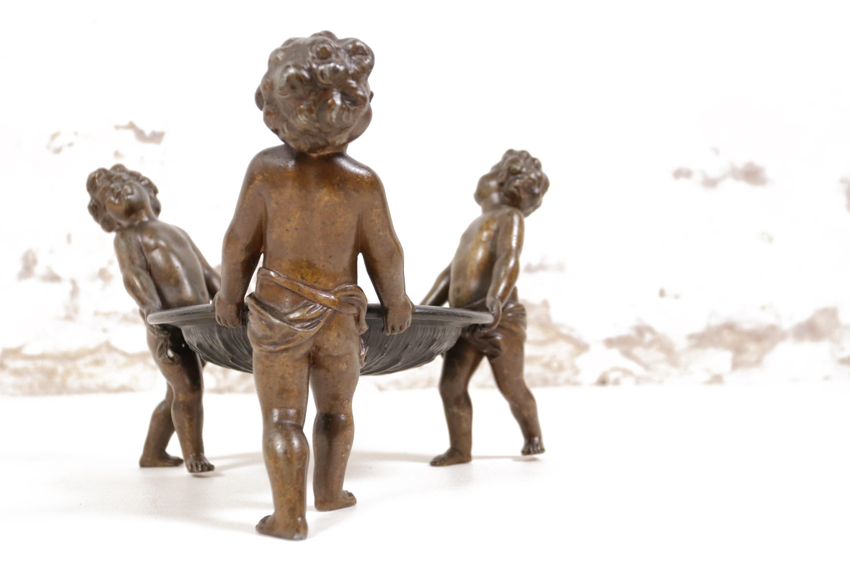 Neoclassical Spelter Bowl Carried by Three Little Angels 1