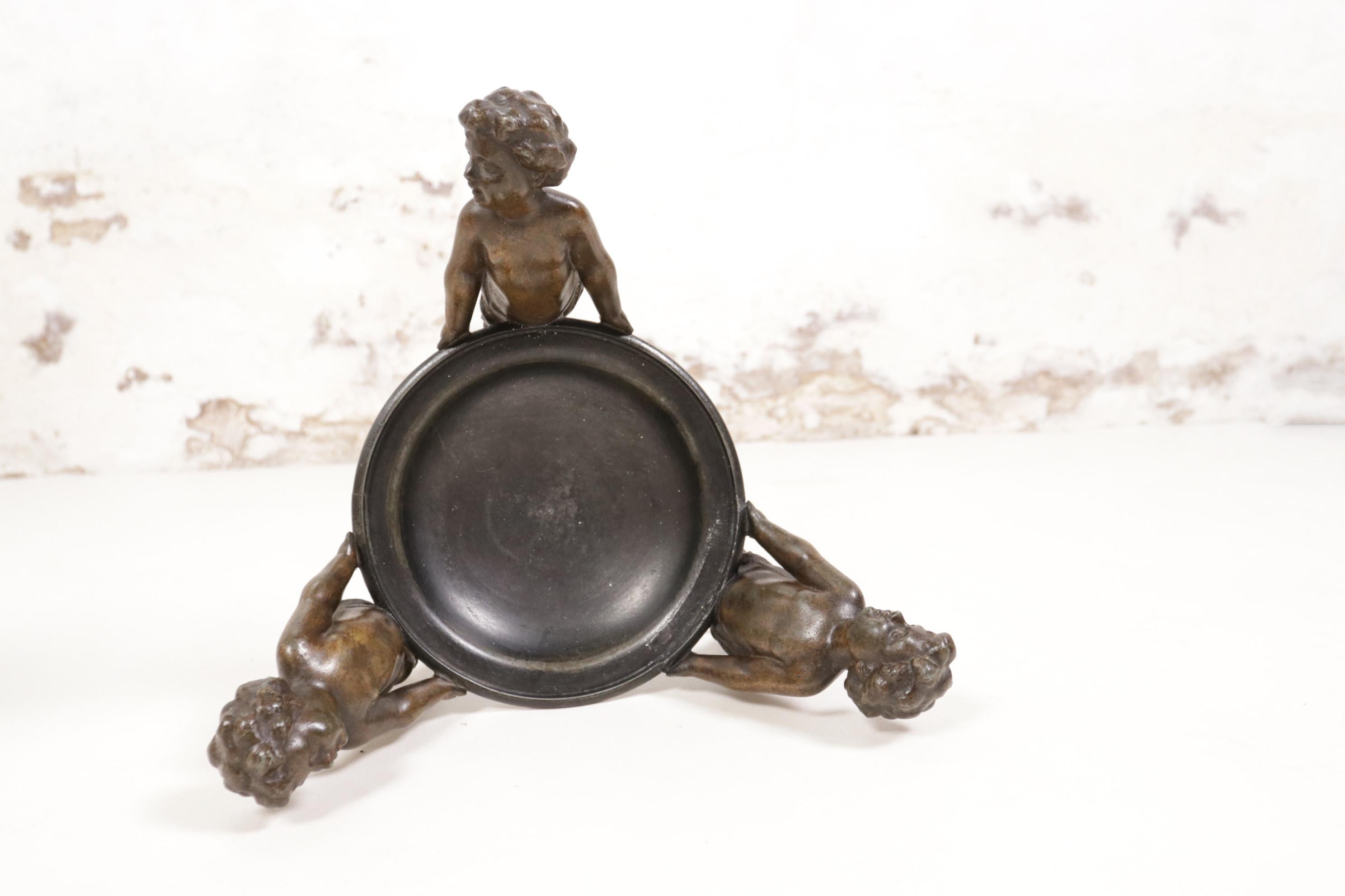 Neoclassical Spelter Bowl Carried by Three Little Angels 4