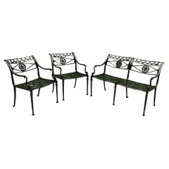 Neoclassical Star and Dolphin Garden Bench and Chair Set Attr. To Kenneth Lynch