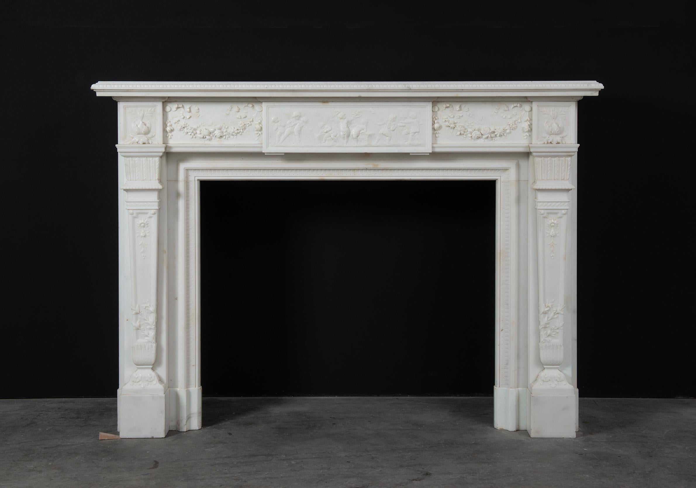 Neoclassical Statuary Marble Mantelpiece

A beautiful, detailed and finely carved statuary white marble fireplace mantel in Neoclassical style.

The superb molded shelf with perfect egg and dart edge decor sits over a finely carved frieze which is