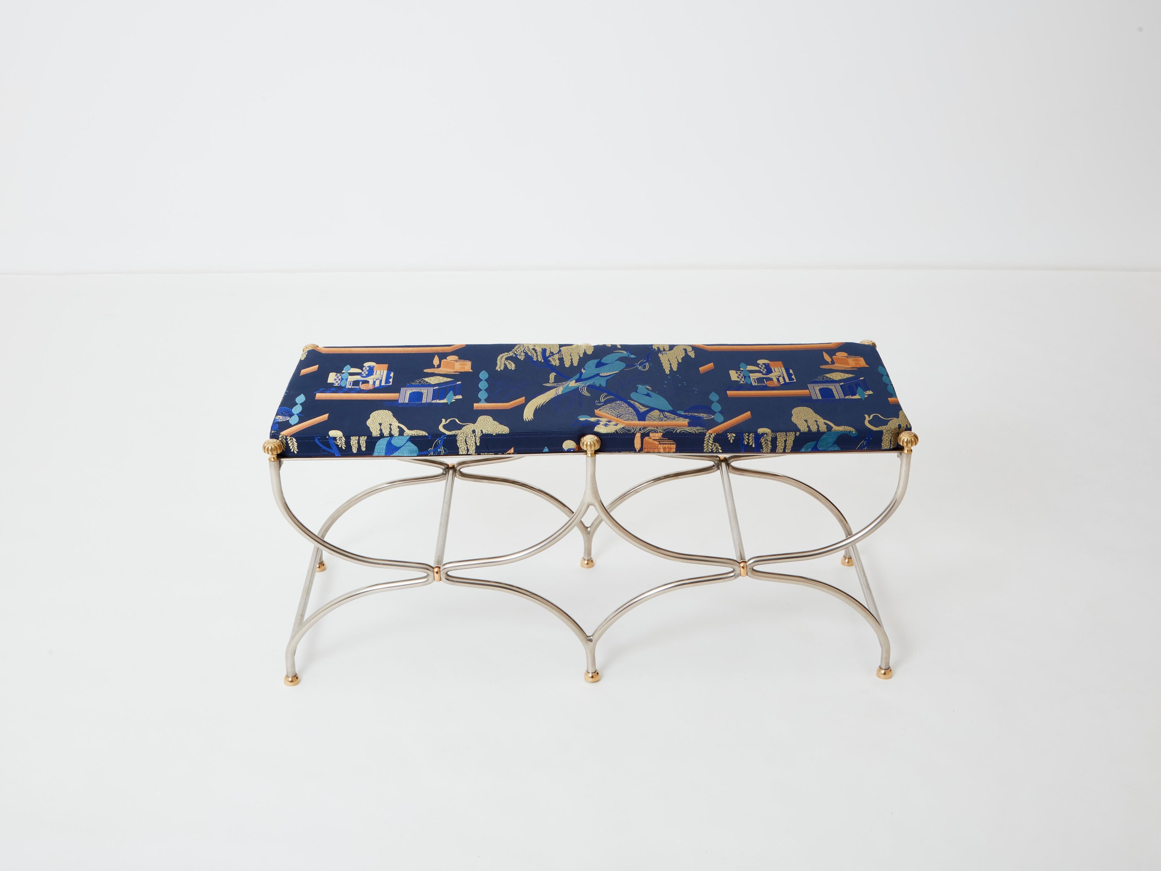 Neoclassical steel brass curule bench by Maison Jansen 1960s For Sale 6
