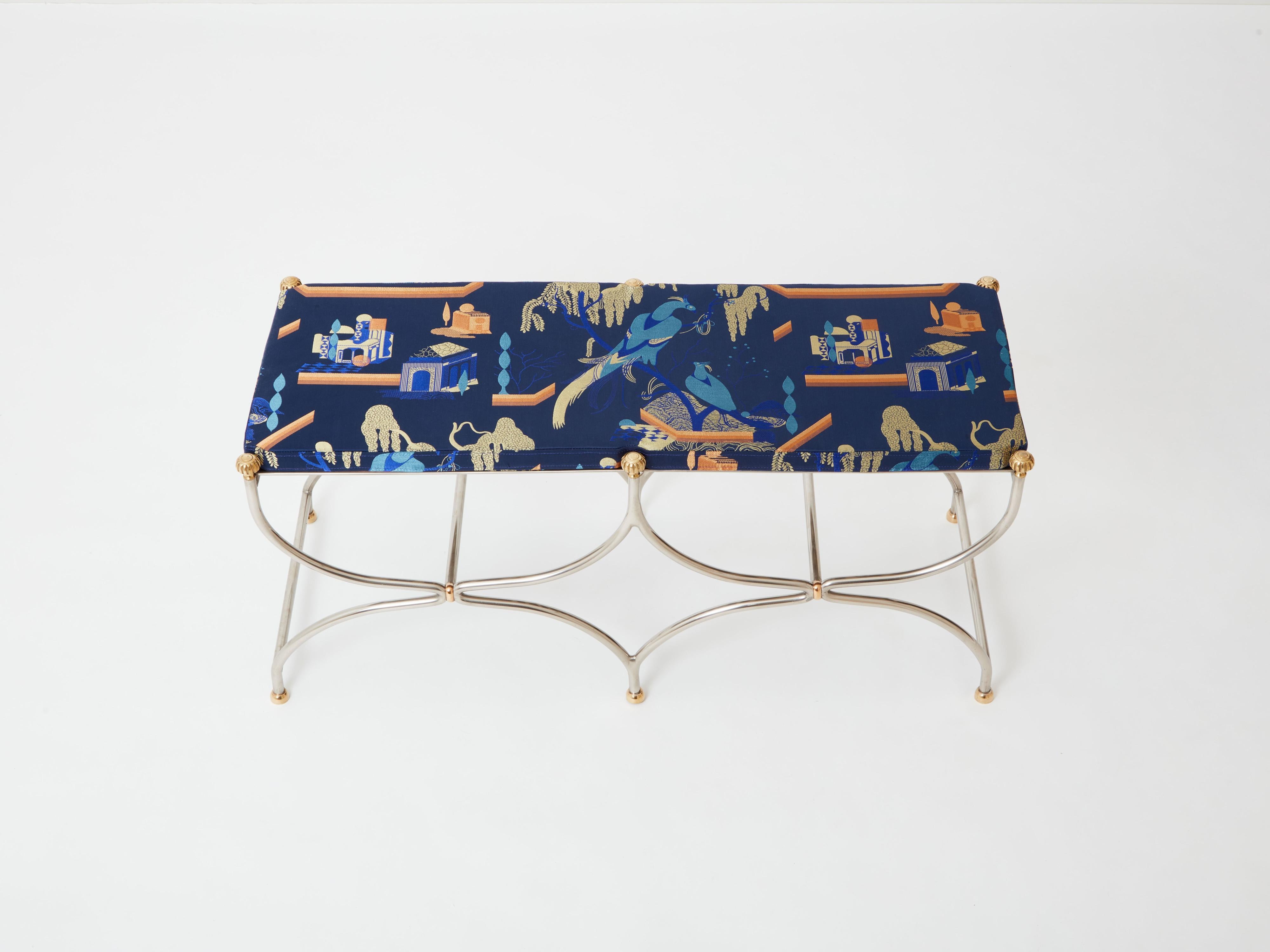 Mid-Century Modern Neoclassical steel brass curule bench by Maison Jansen 1960s For Sale