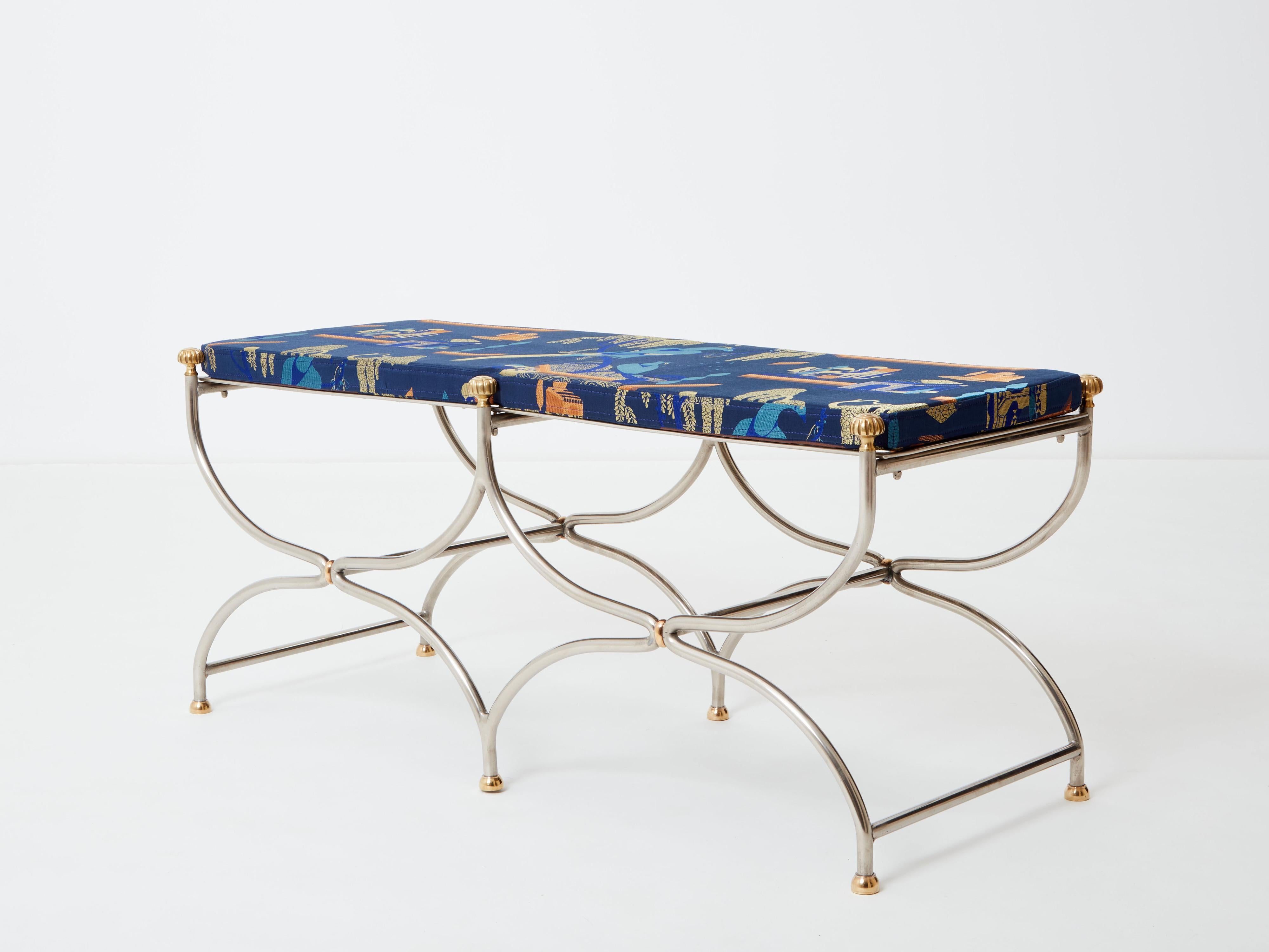 Neoclassical steel brass curule bench by Maison Jansen 1960s In Good Condition For Sale In Paris, IDF