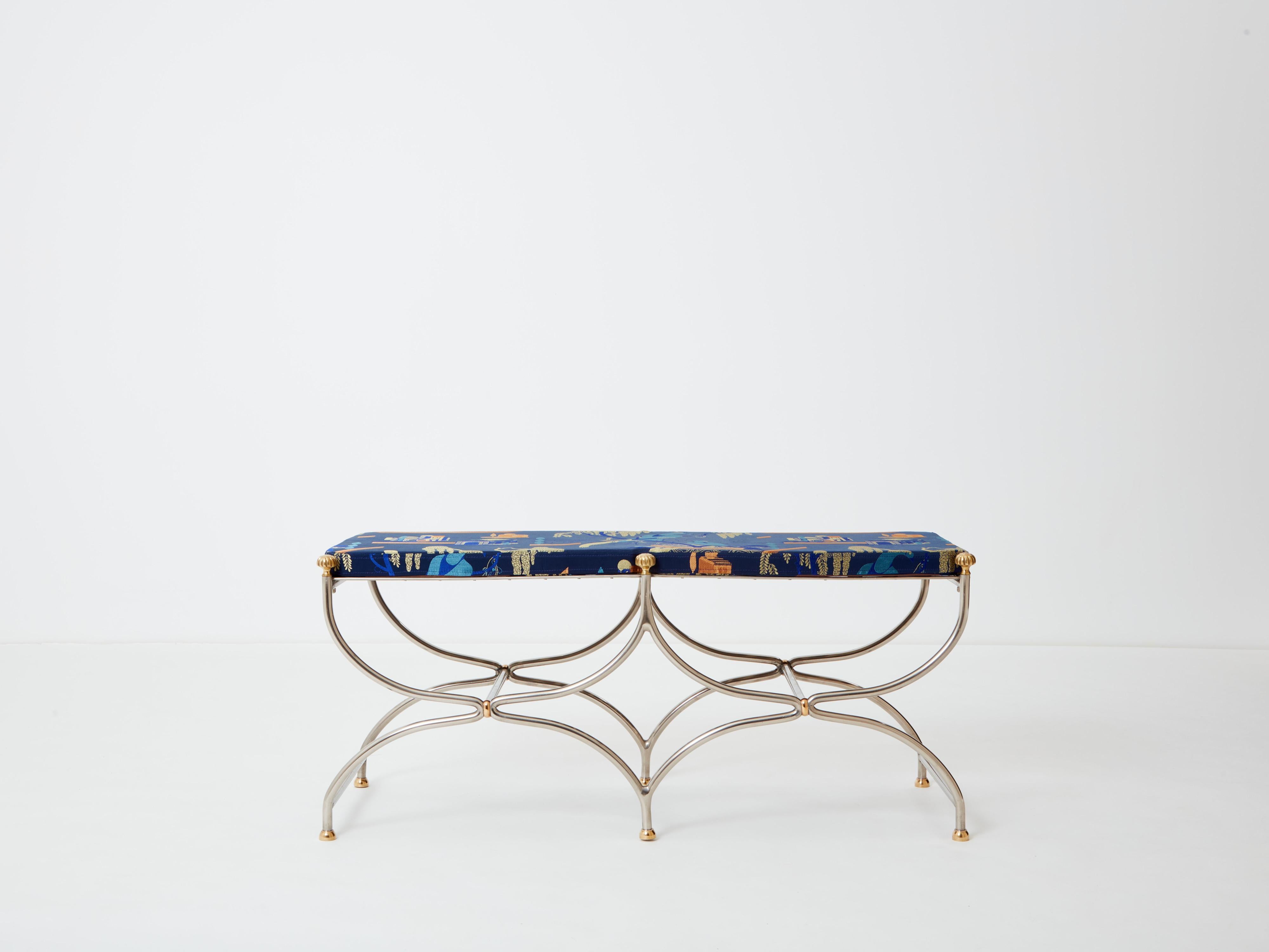 Mid-20th Century Neoclassical steel brass curule bench by Maison Jansen 1960s For Sale
