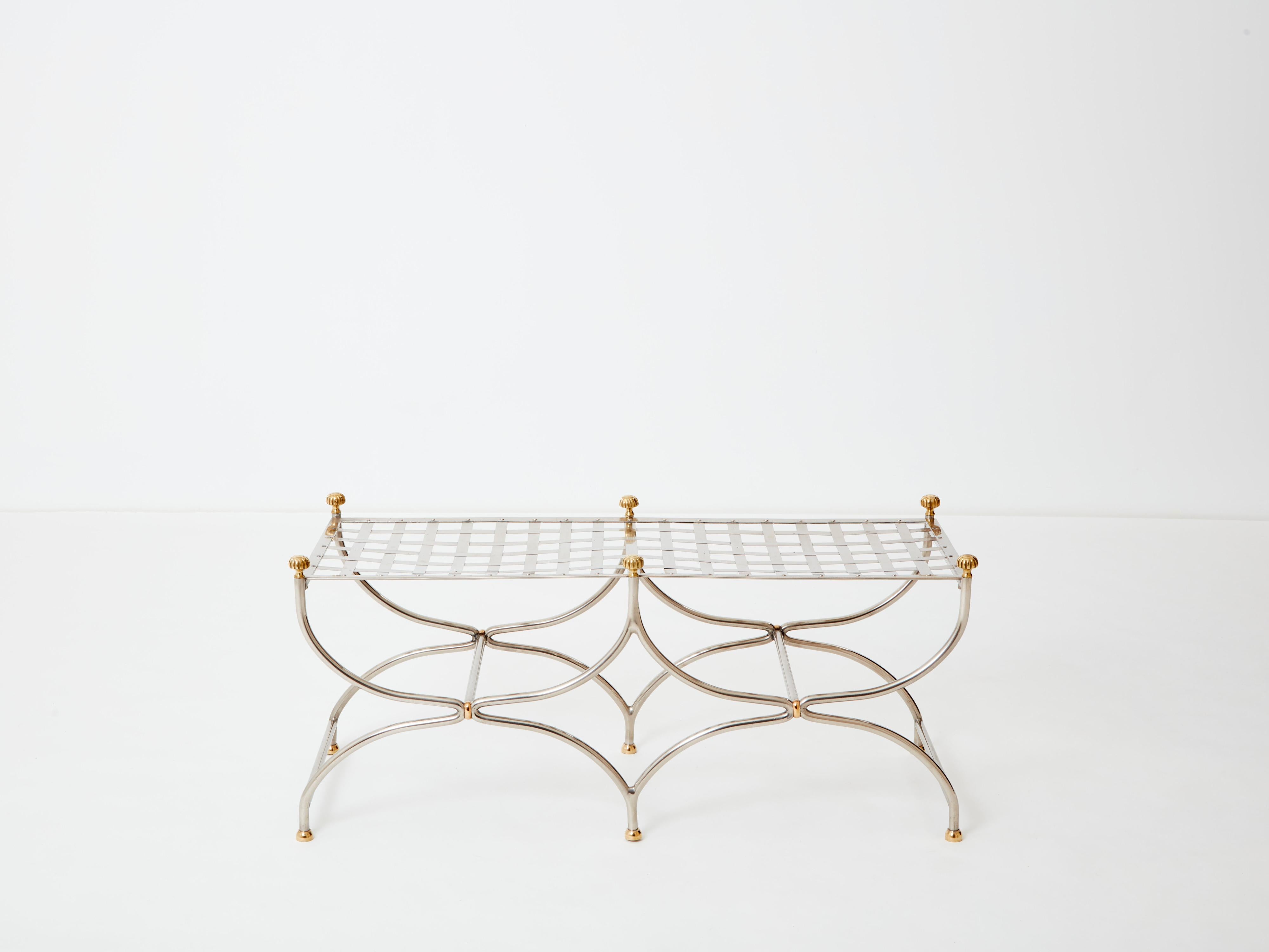 Neoclassical steel brass curule bench by Maison Jansen 1960s For Sale 1