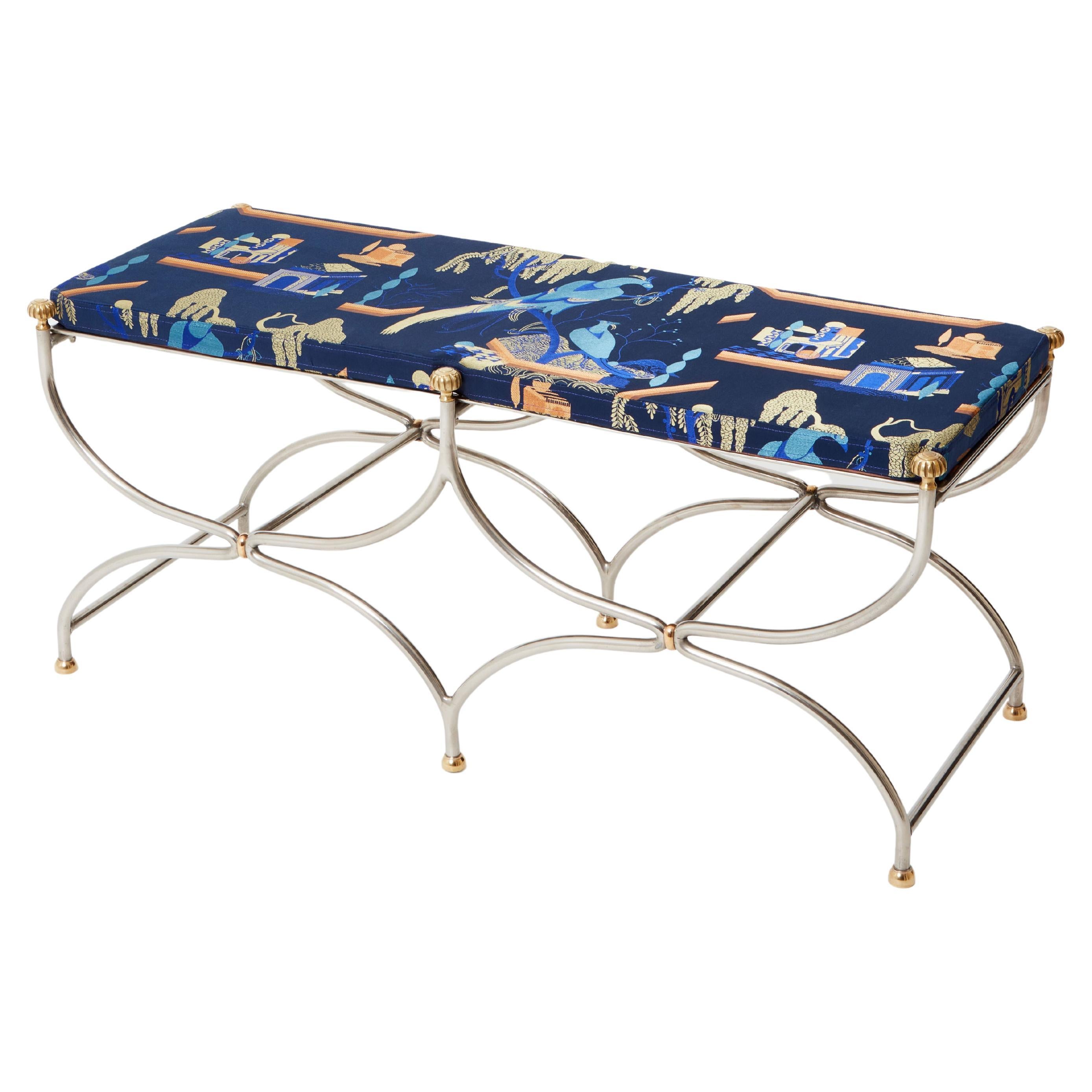 Neoclassical steel brass curule bench by Maison Jansen 1960s For Sale