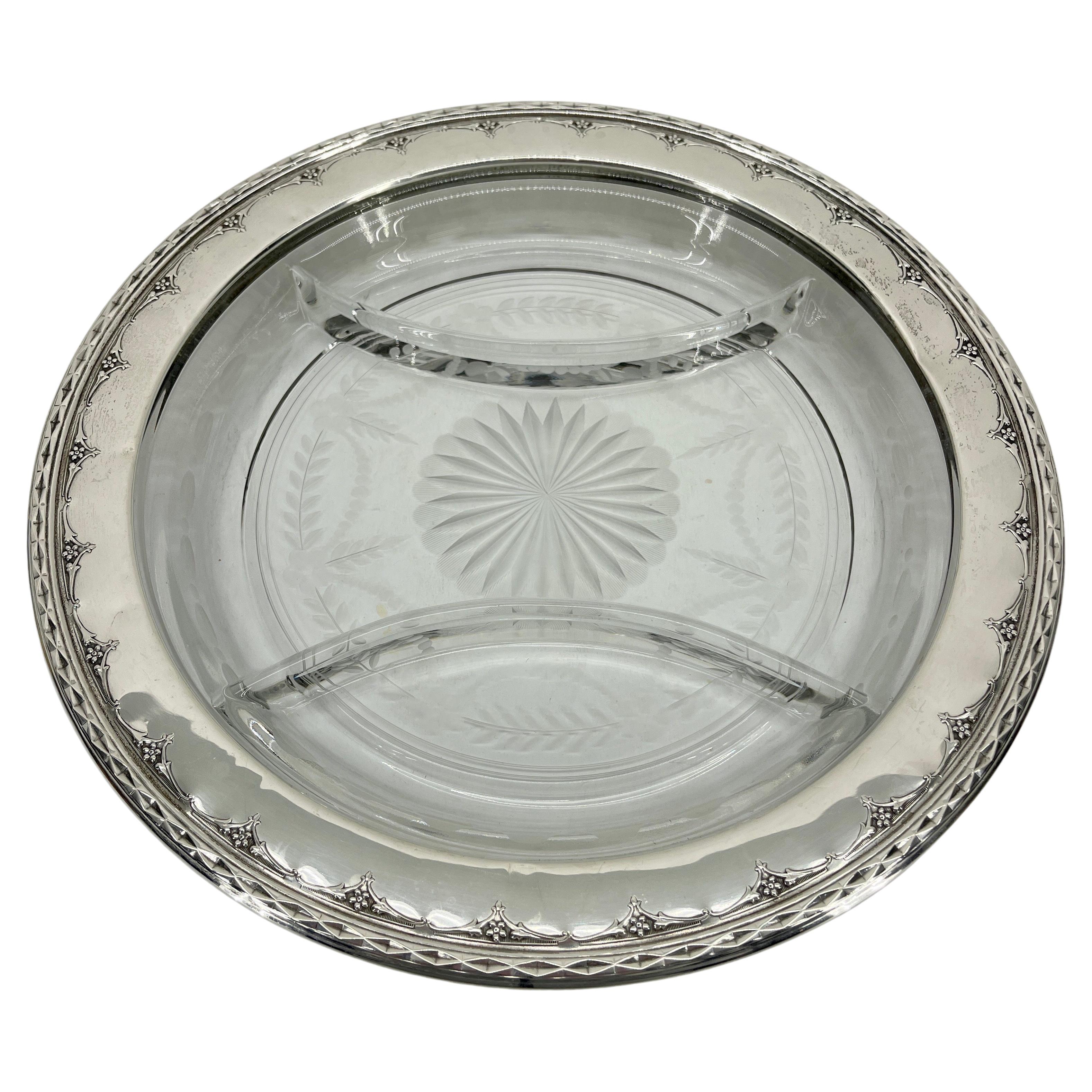 Hand-Crafted Neoclassical Sterling Silver and Cut Glass Crudite Tray by Wallace