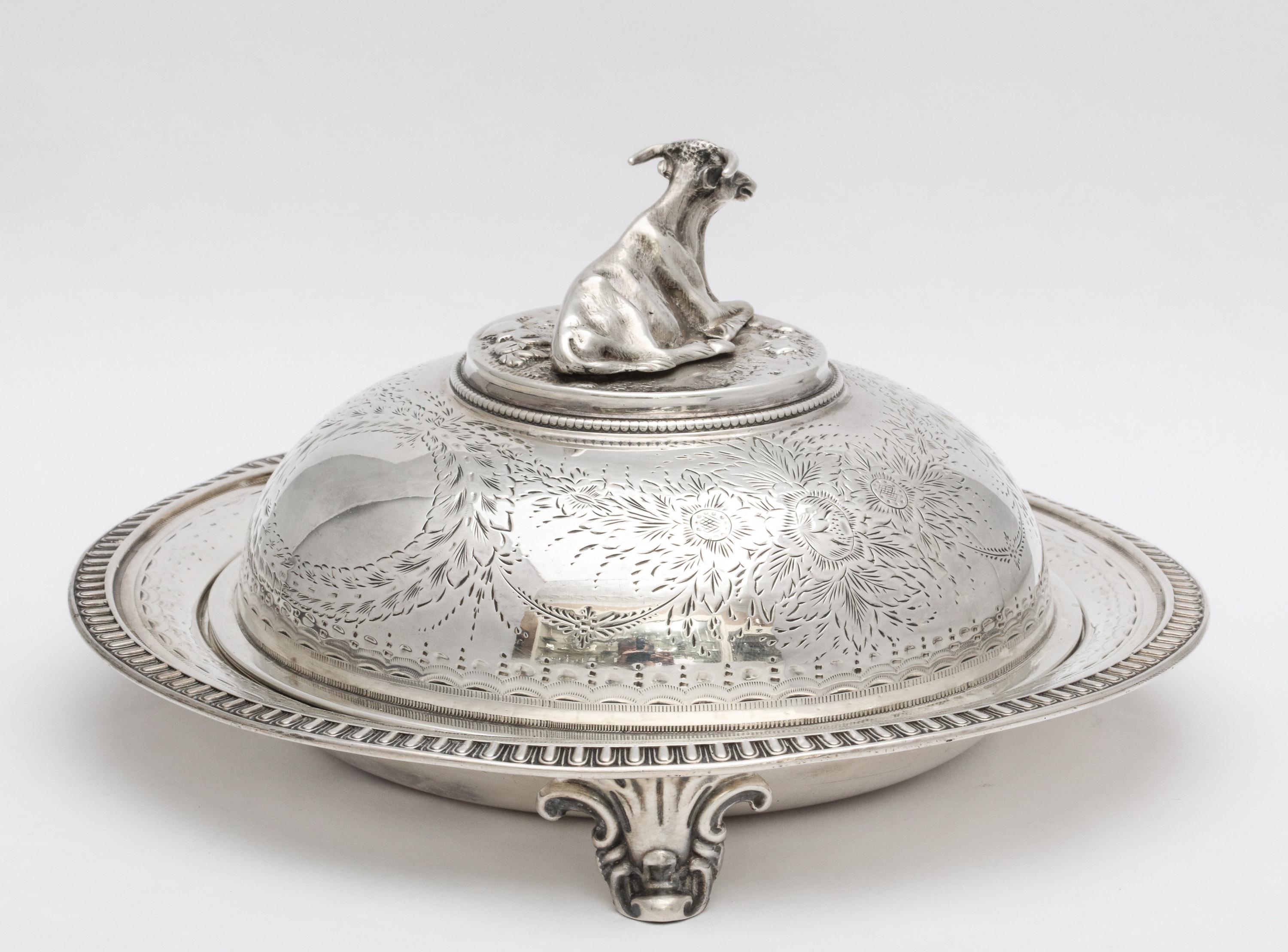 American Neoclassical Sterling Silver Covered Footed Butter Dish with Cow Finial
