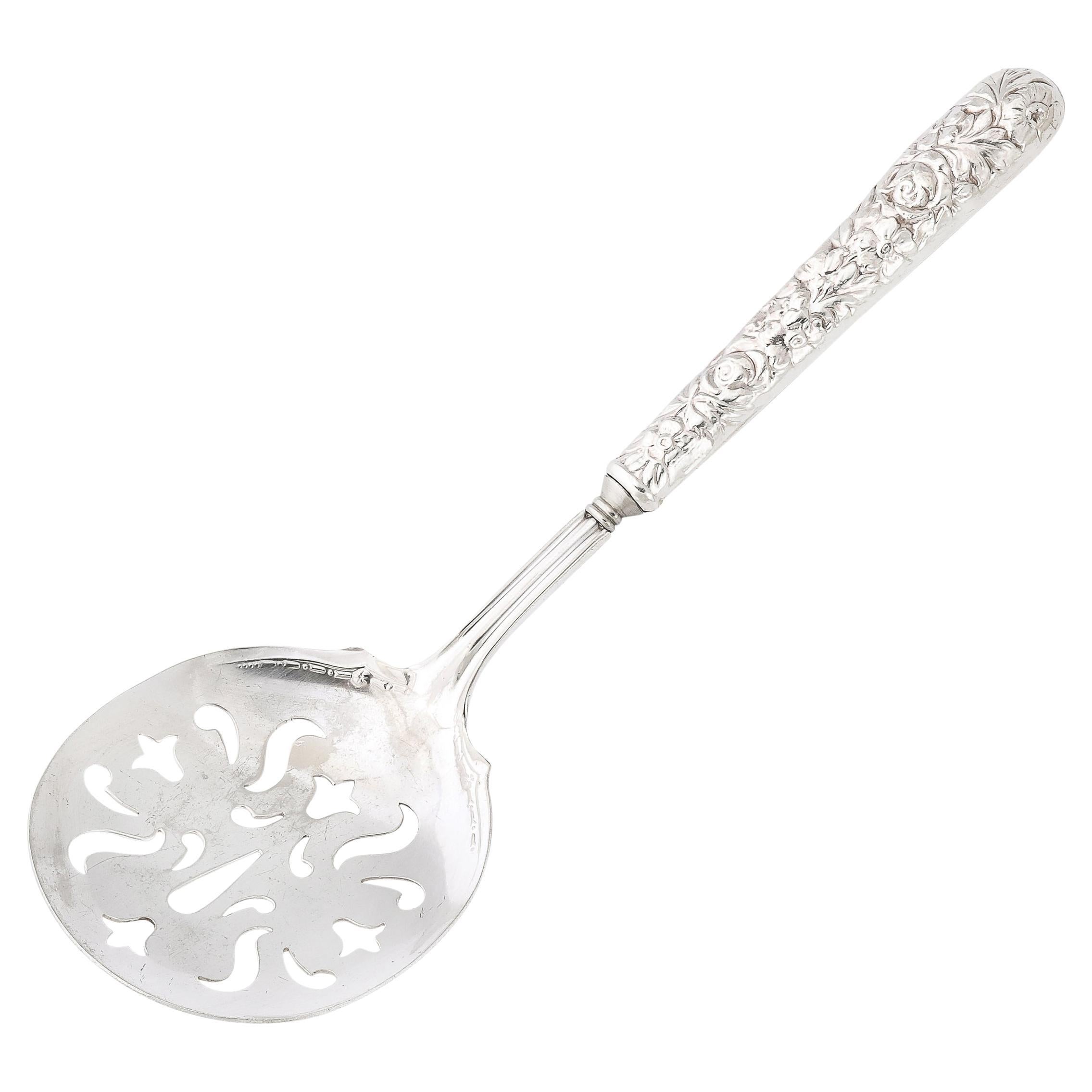 Neoclassical Sterling Silver Pierced Serving Spoon w/ Naturalist Relief Handle  For Sale