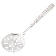 Retro Neoclassical Sterling Silver Pierced Serving Spoon w/ Naturalist Relief Handle 
