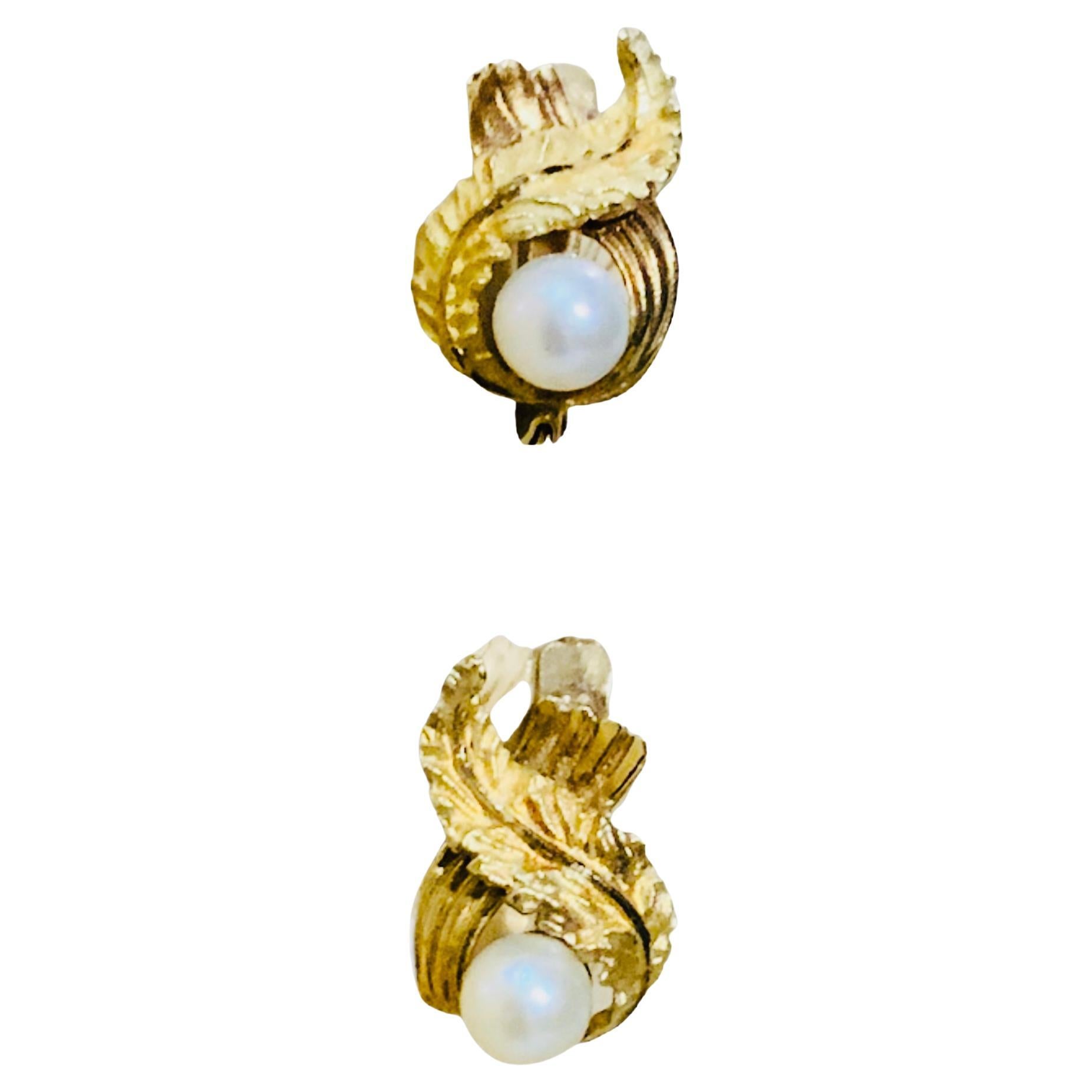 Neoclassical Style 14k Yellow Gold and Single Pearl Pair of Small Earrings For Sale