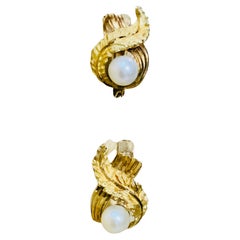 Neoclassical Style 14k Yellow Gold and Single Pearl Pair of Small Earrings