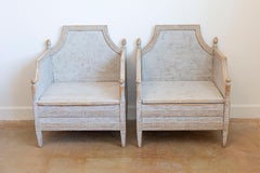 Neoclassical Style 1850s Gray Painted and Carved Armchairs with Guilloches, Pair