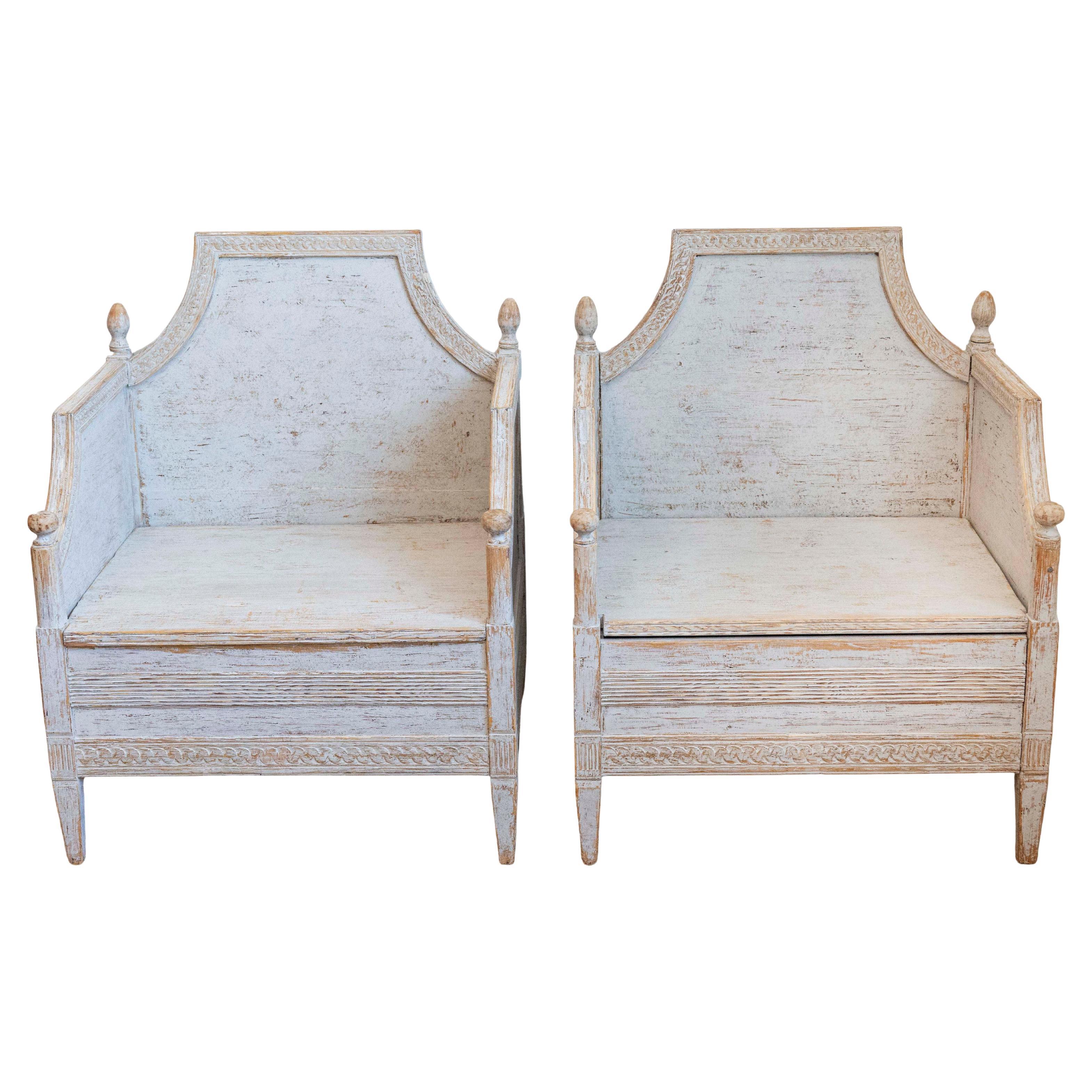 Neoclassical Style 1850s Gray Painted and Carved Armchairs with Guilloches, Pair