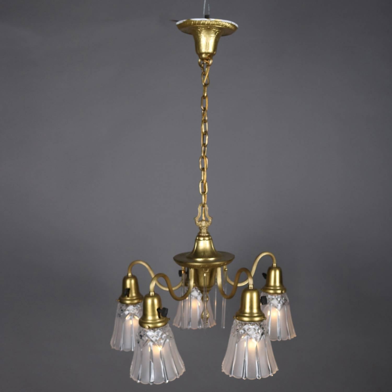 Neoclassical Style Five-Light Gilt & Crystal Chandelier by Williamson circa 1940 2