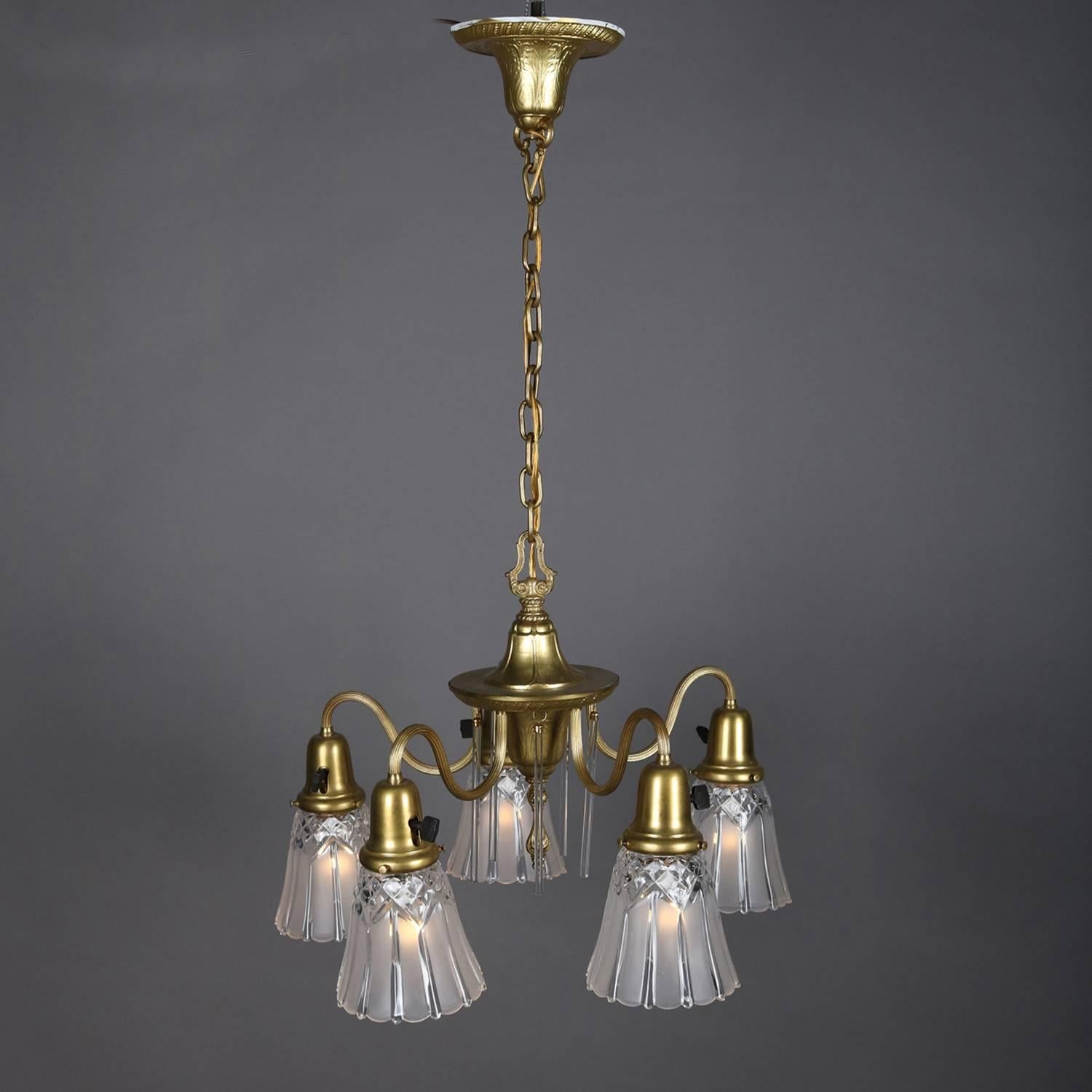 Frosted Neoclassical Style Five-Light Gilt & Crystal Chandelier by Williamson circa 1940