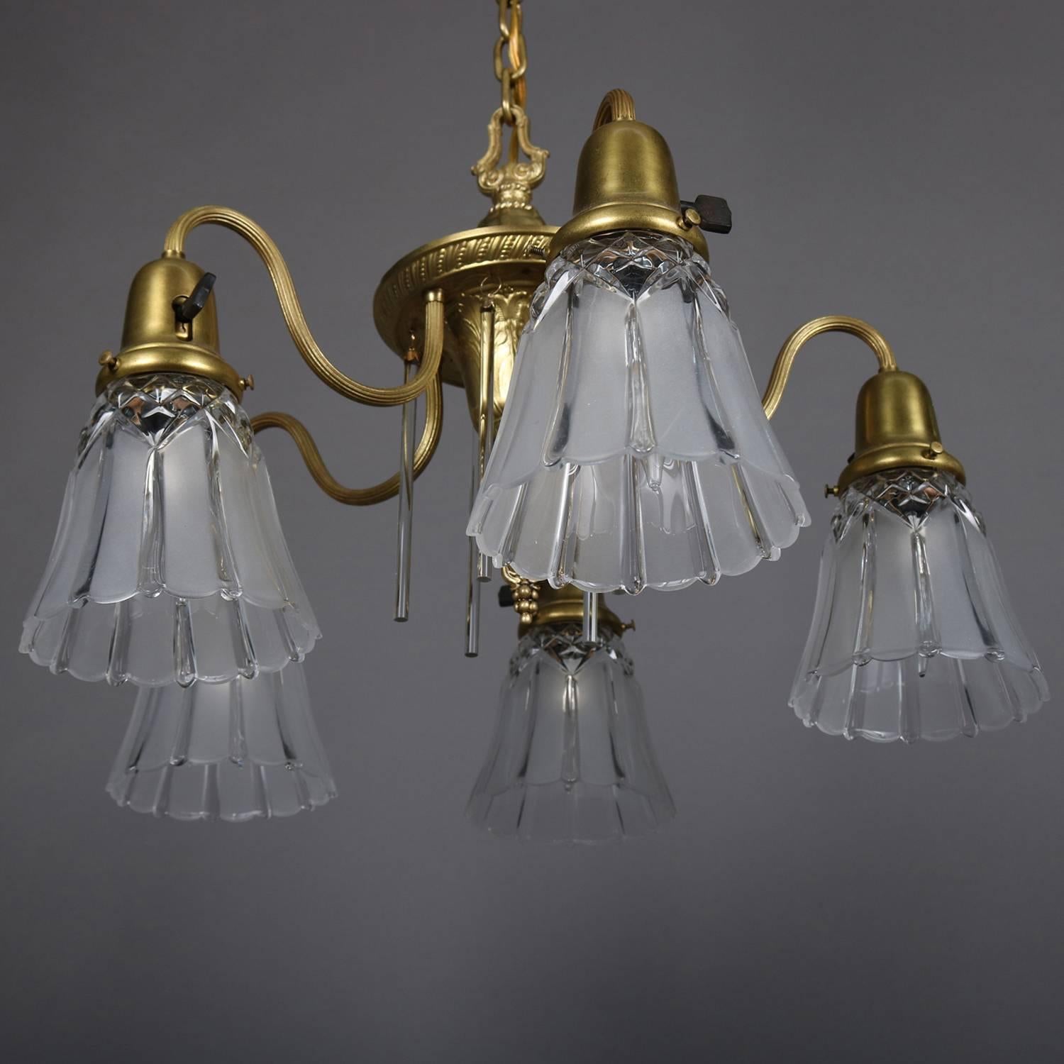 Neoclassical Style Five-Light Gilt & Crystal Chandelier by Williamson circa 1940 In Good Condition In Big Flats, NY