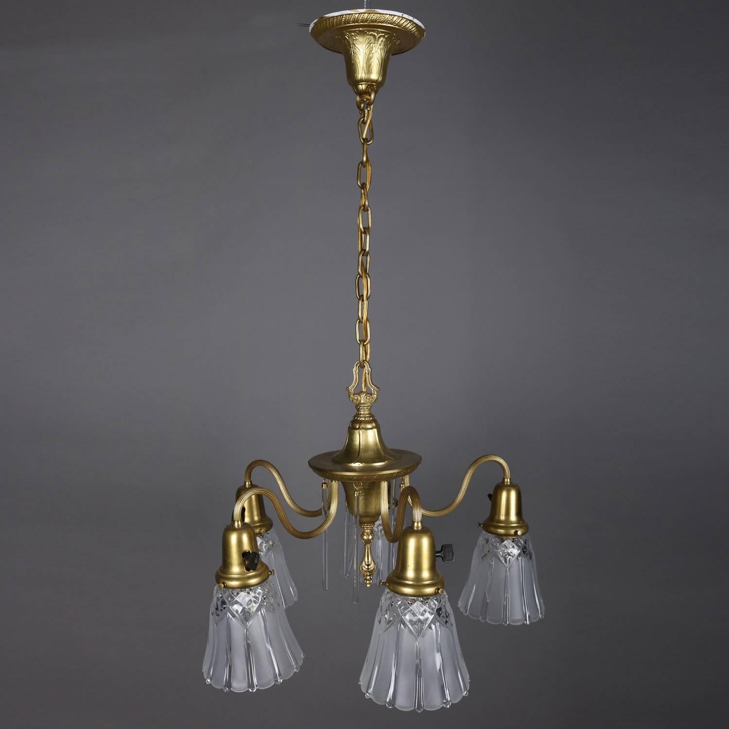 Metal Neoclassical Style Five-Light Gilt & Crystal Chandelier by Williamson circa 1940