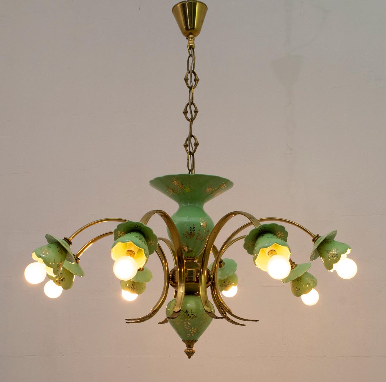 Gold Neoclassical Style 8-Iight Italian Porcelain and Brass Chandelier, 1960s For Sale