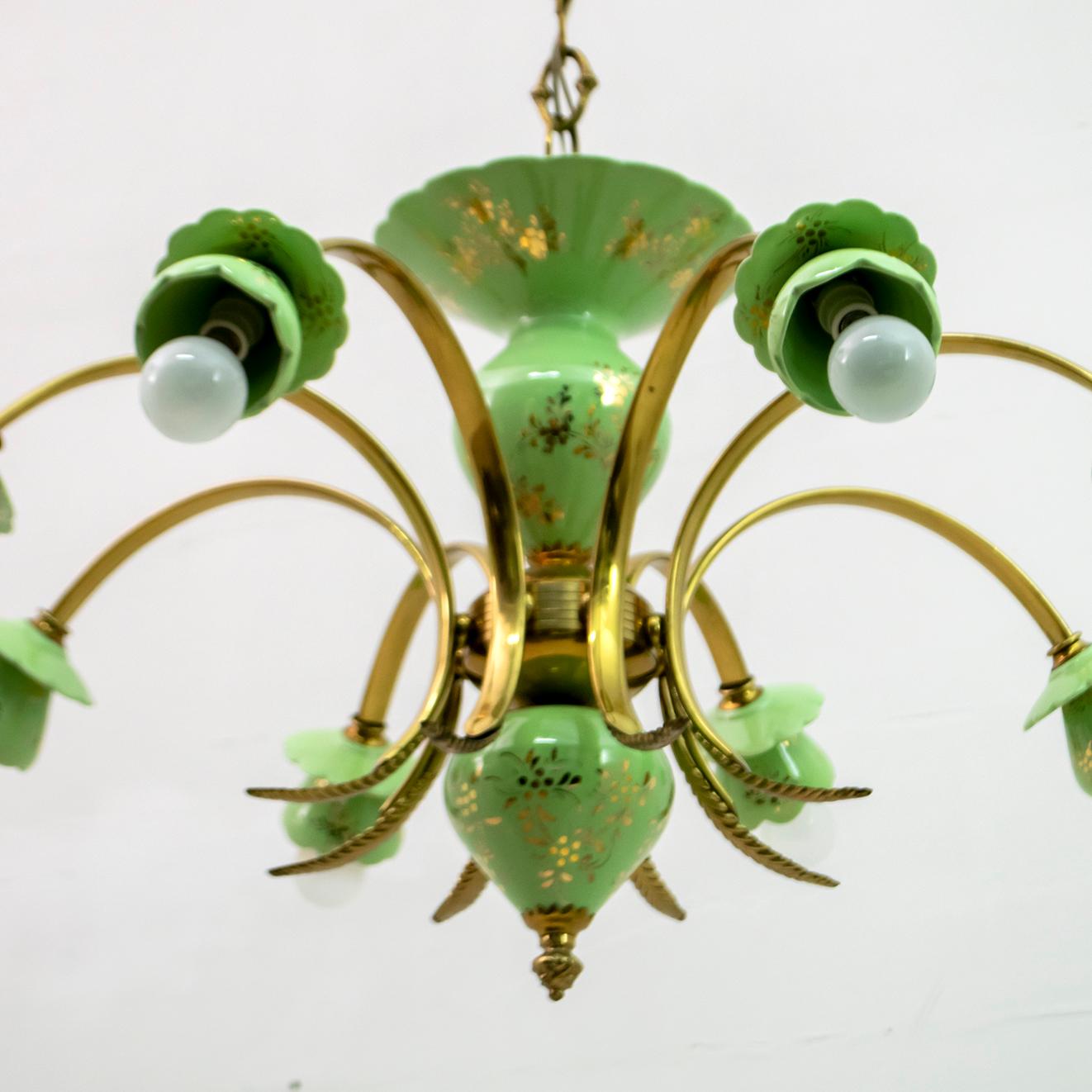 Neoclassical Style 8-Iight Italian Porcelain and Brass Chandelier, 1960s For Sale 1